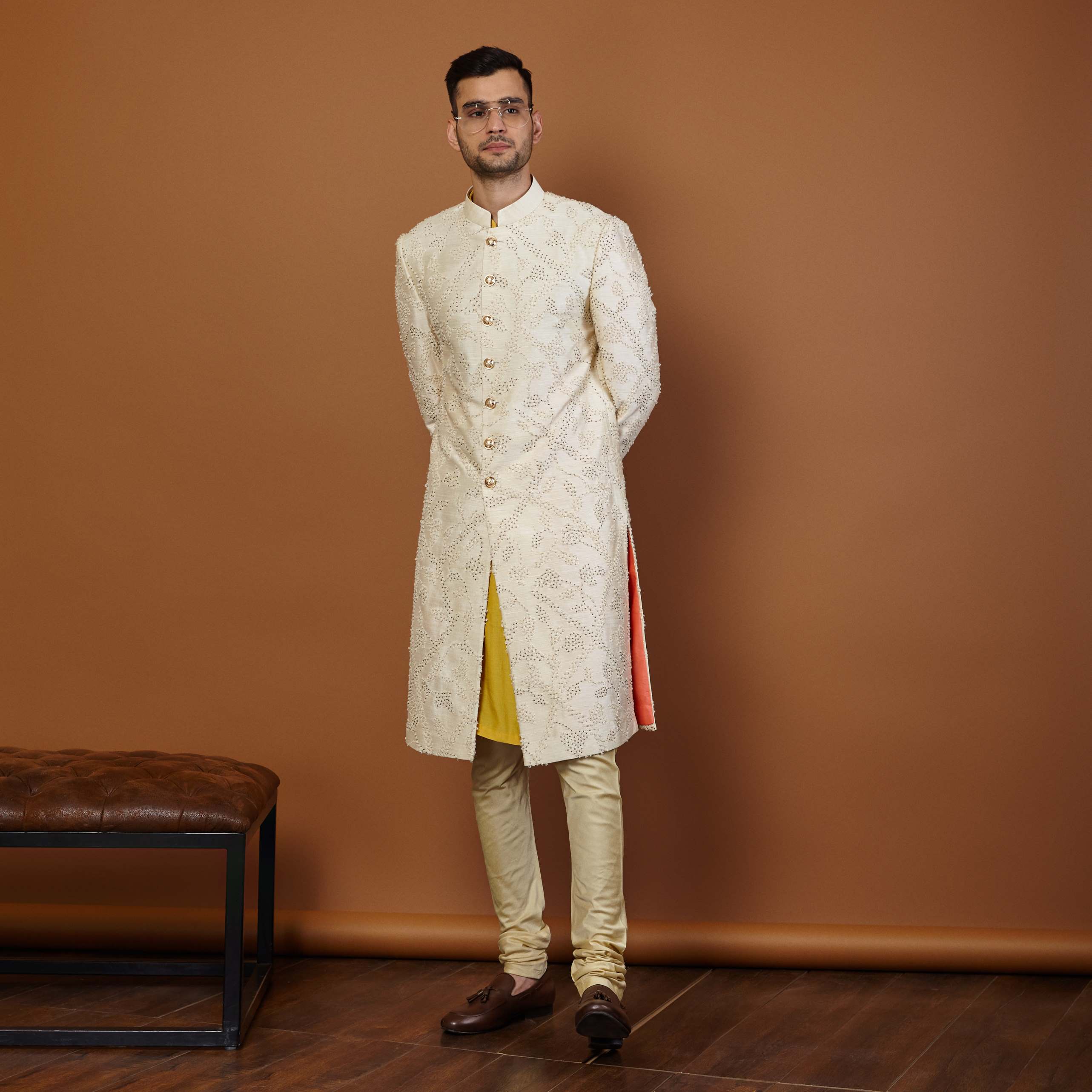 IVORY FRENCH KNOT SHERWANI