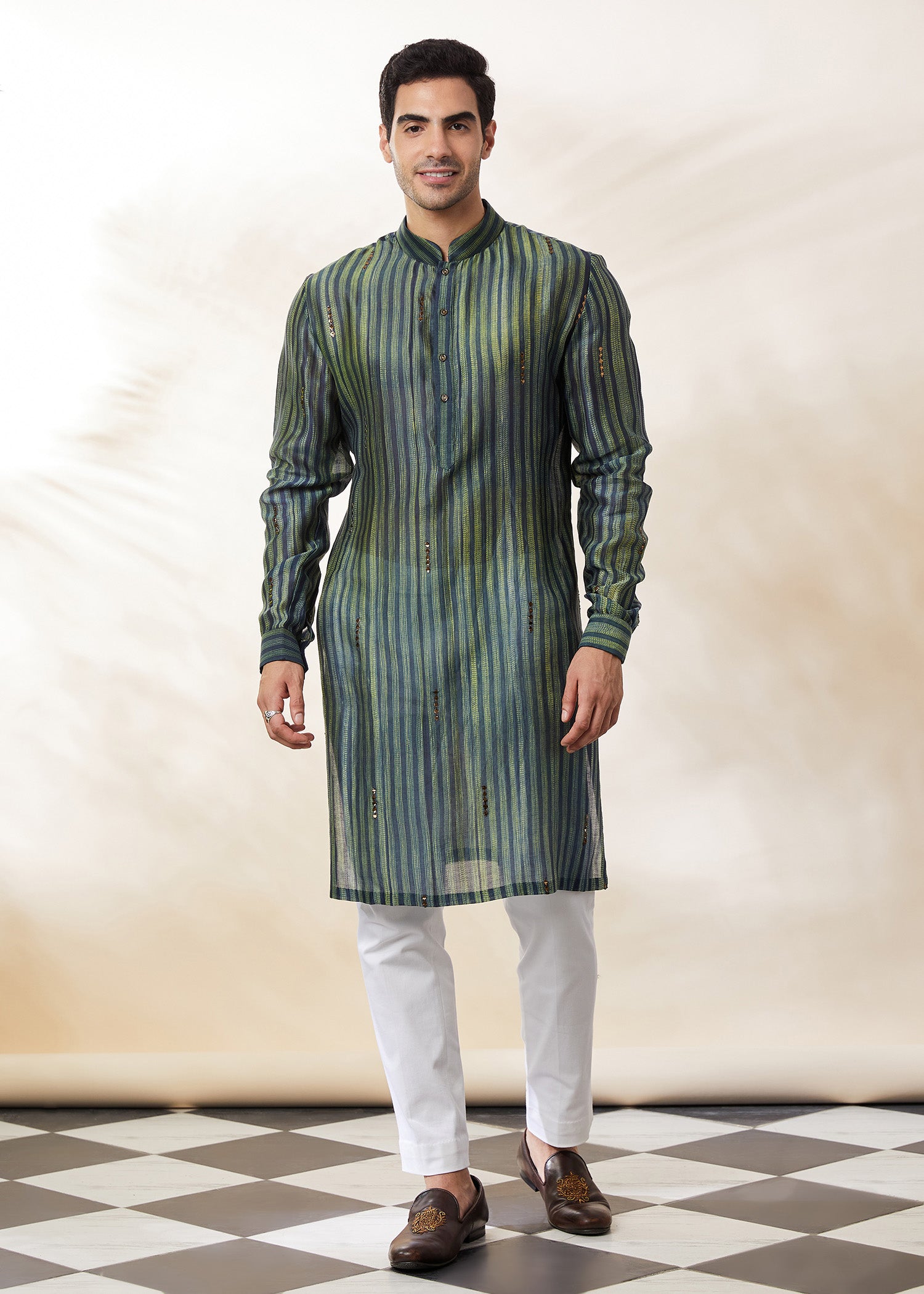 Shibori Kurta in Bottle Green