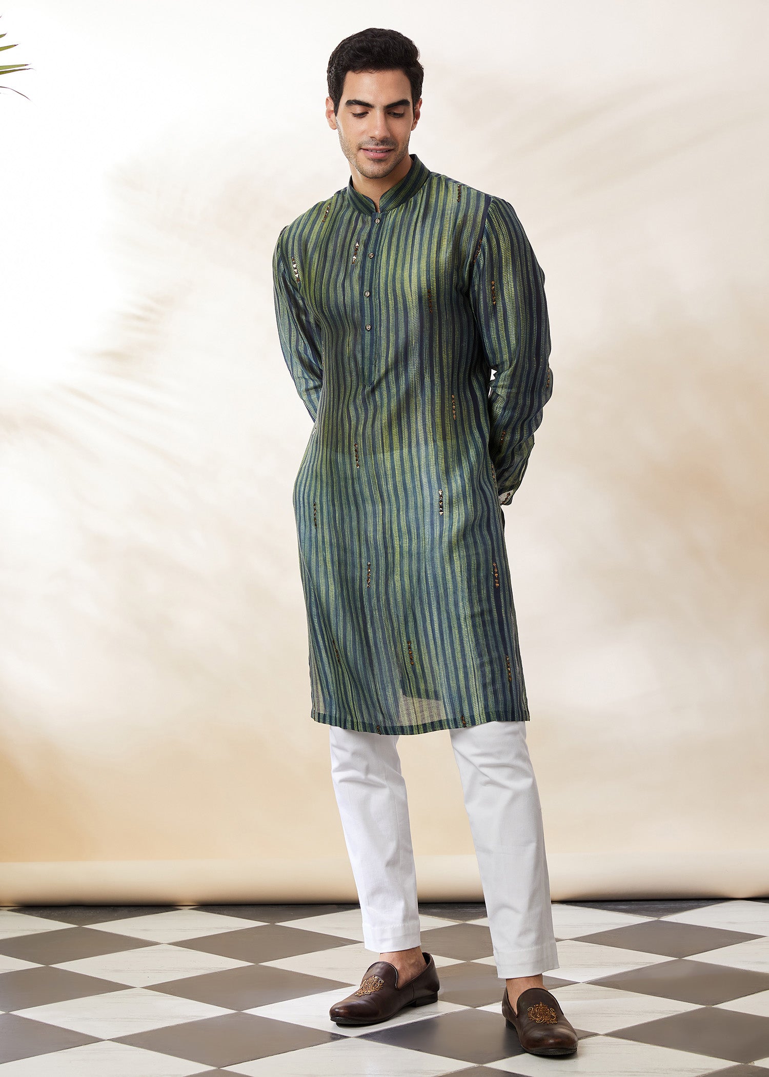 Shibori Kurta in Bottle Green