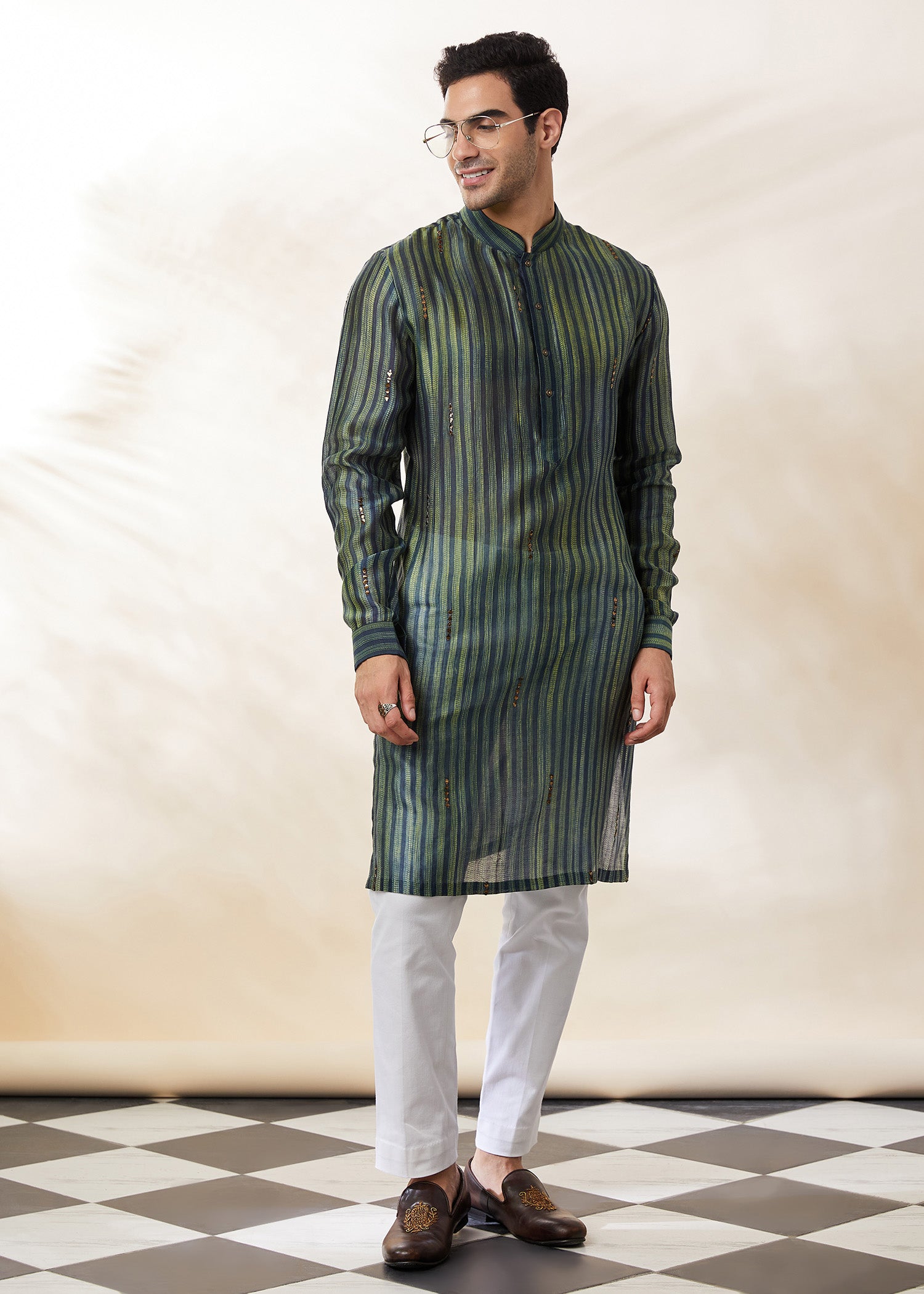 Shibori Kurta in Bottle Green