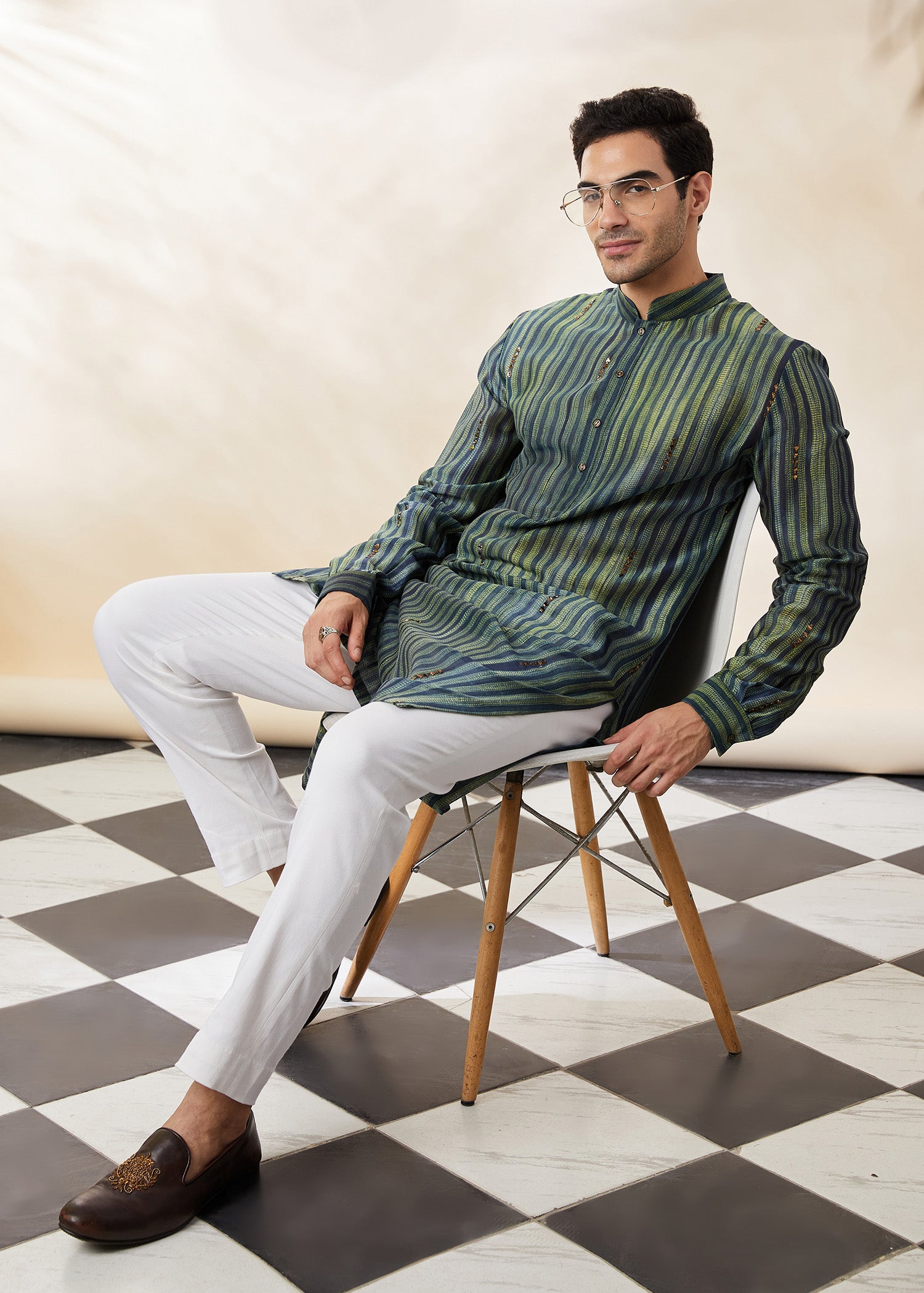 Shibori Kurta in Bottle Green
