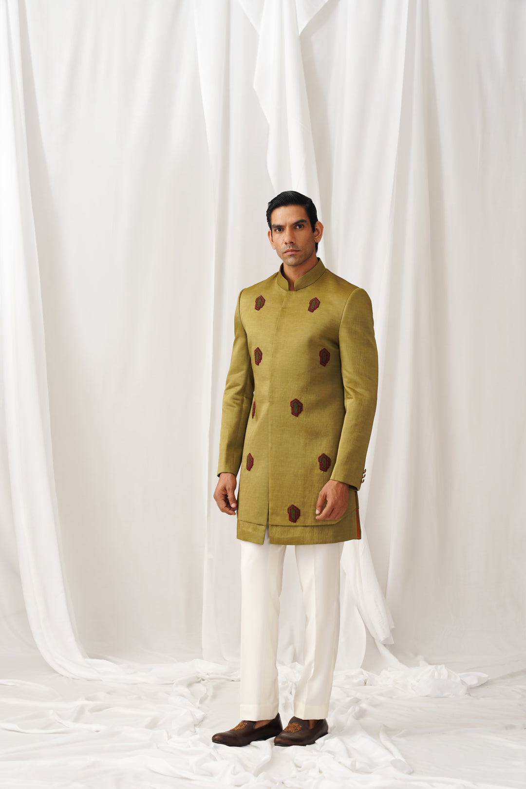 Green-gold Achkan with Kurta-Pyjama Pants