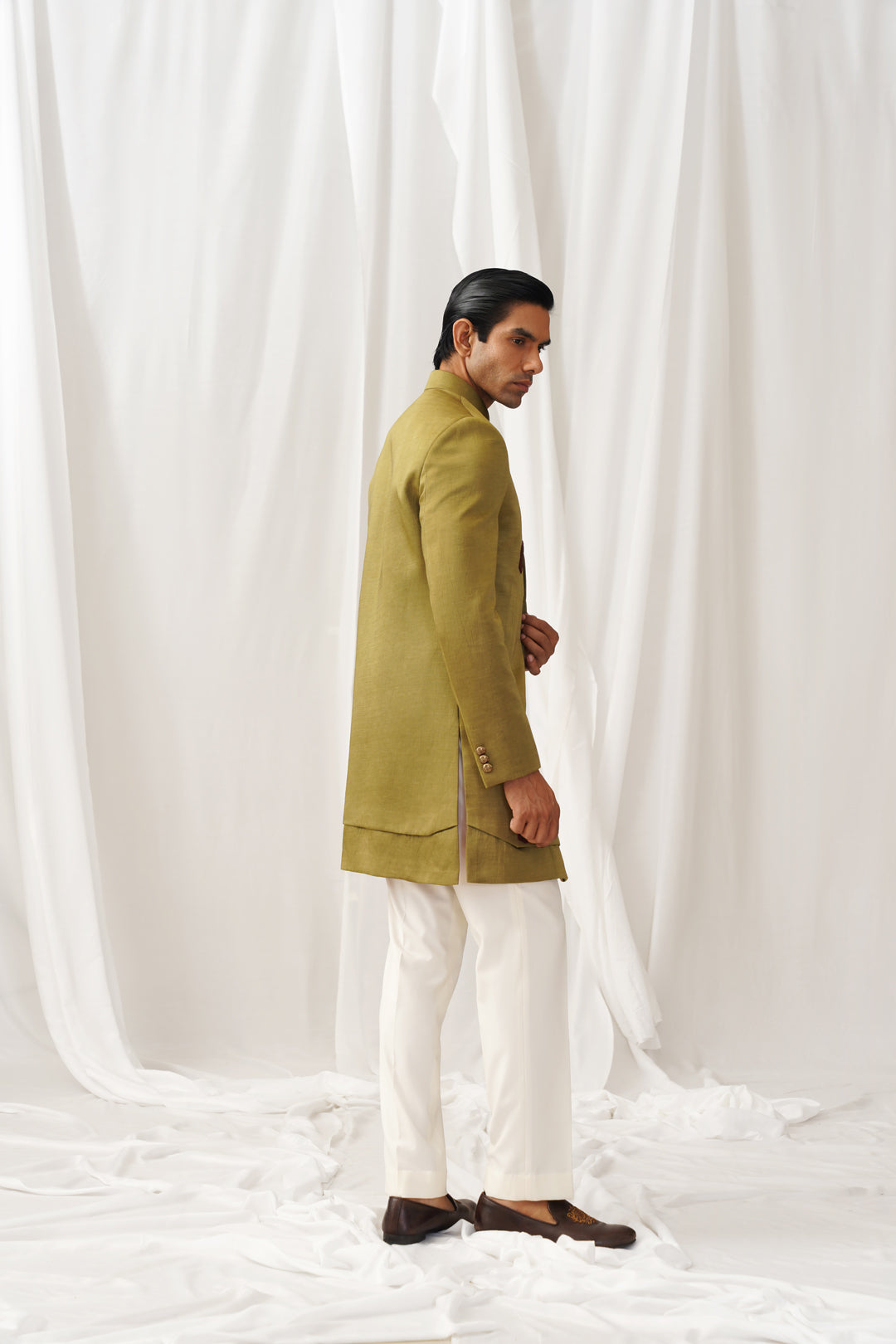 Green-gold Achkan with Kurta-Pyjama Pants