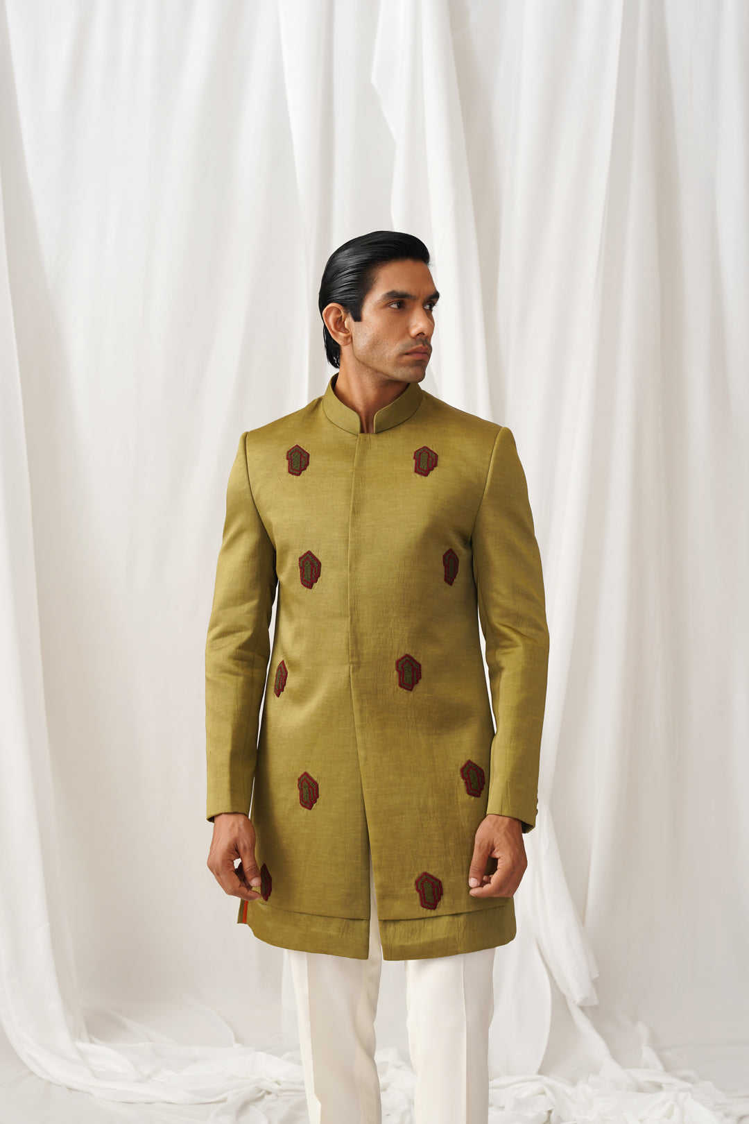 Green-gold Achkan with Kurta-Pyjama Pants