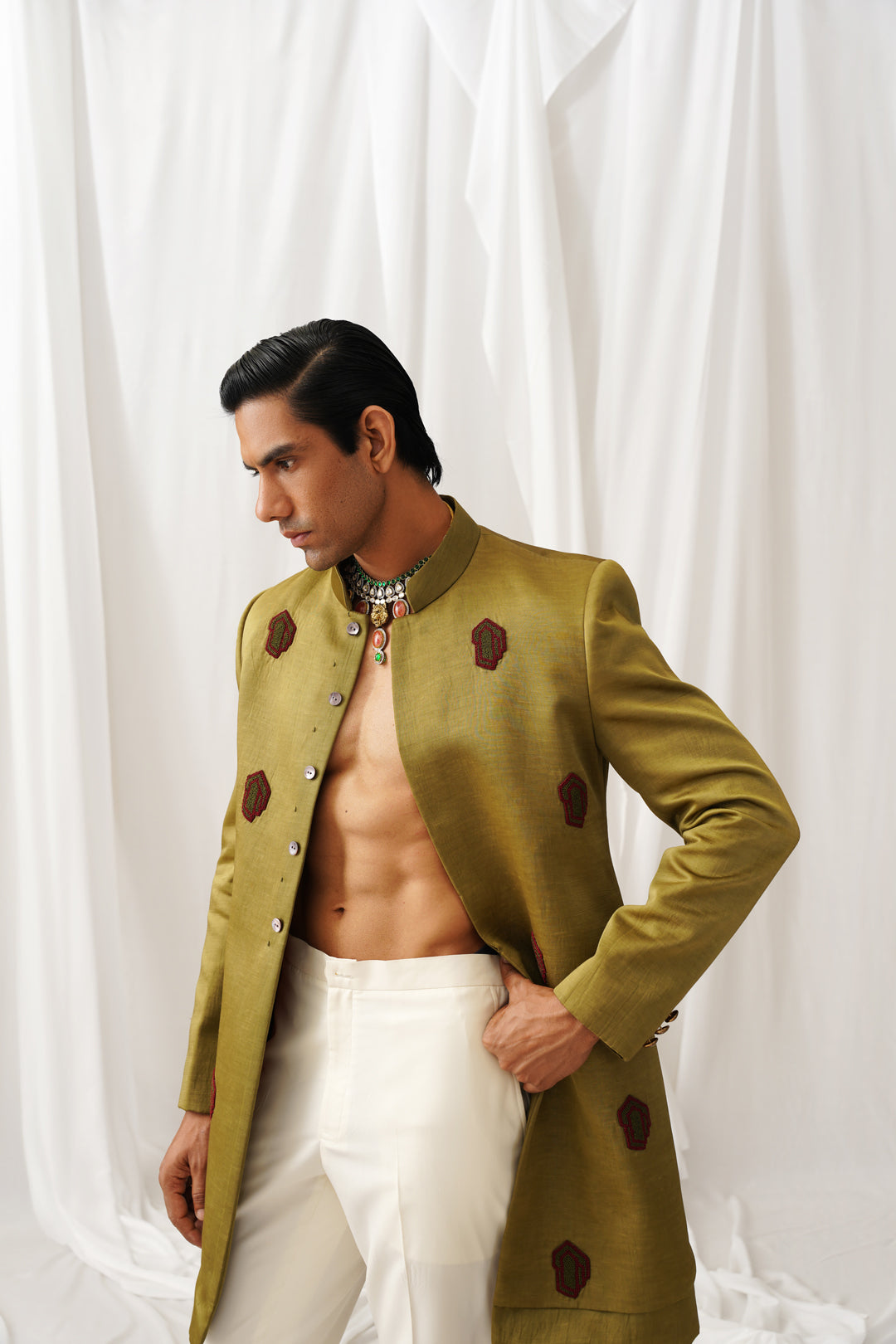 Green-gold Achkan with Kurta-Pyjama Pants