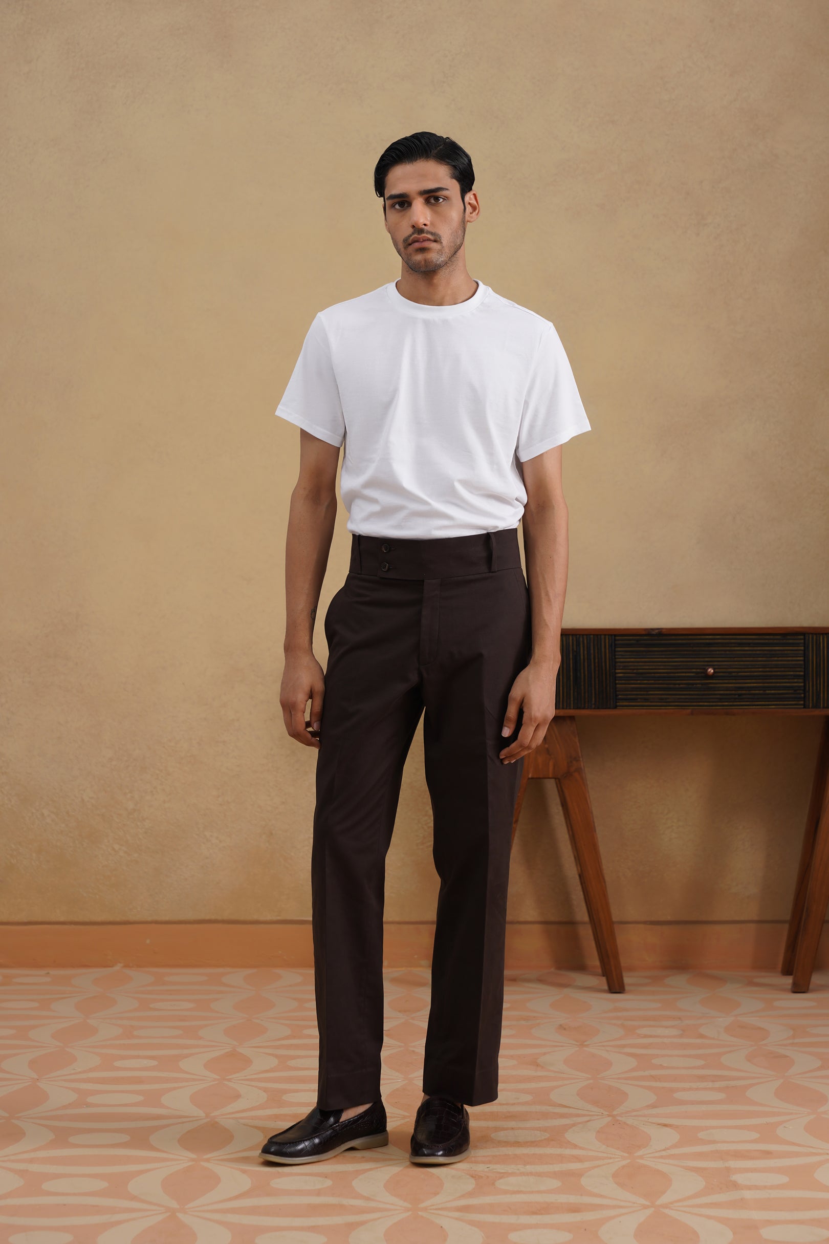 High-buckle Brown Cotton Trousers