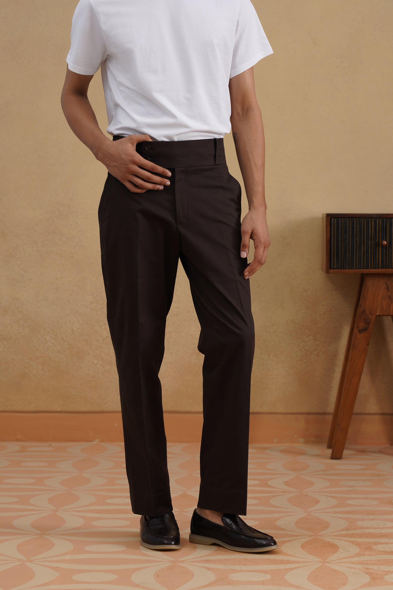 High-buckle Brown Cotton Trousers
