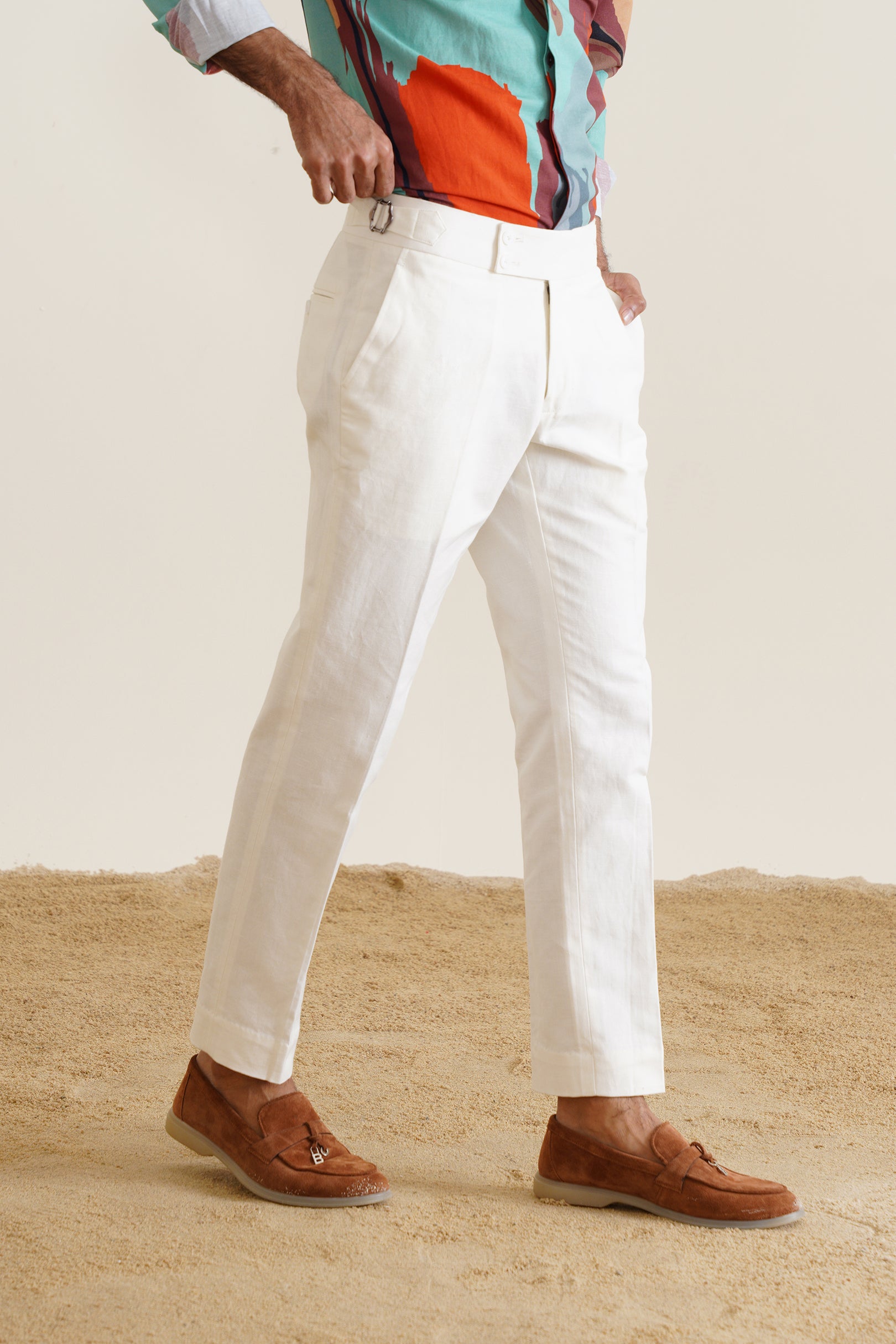 Ivory Linen HIgh-Buckle Trousers