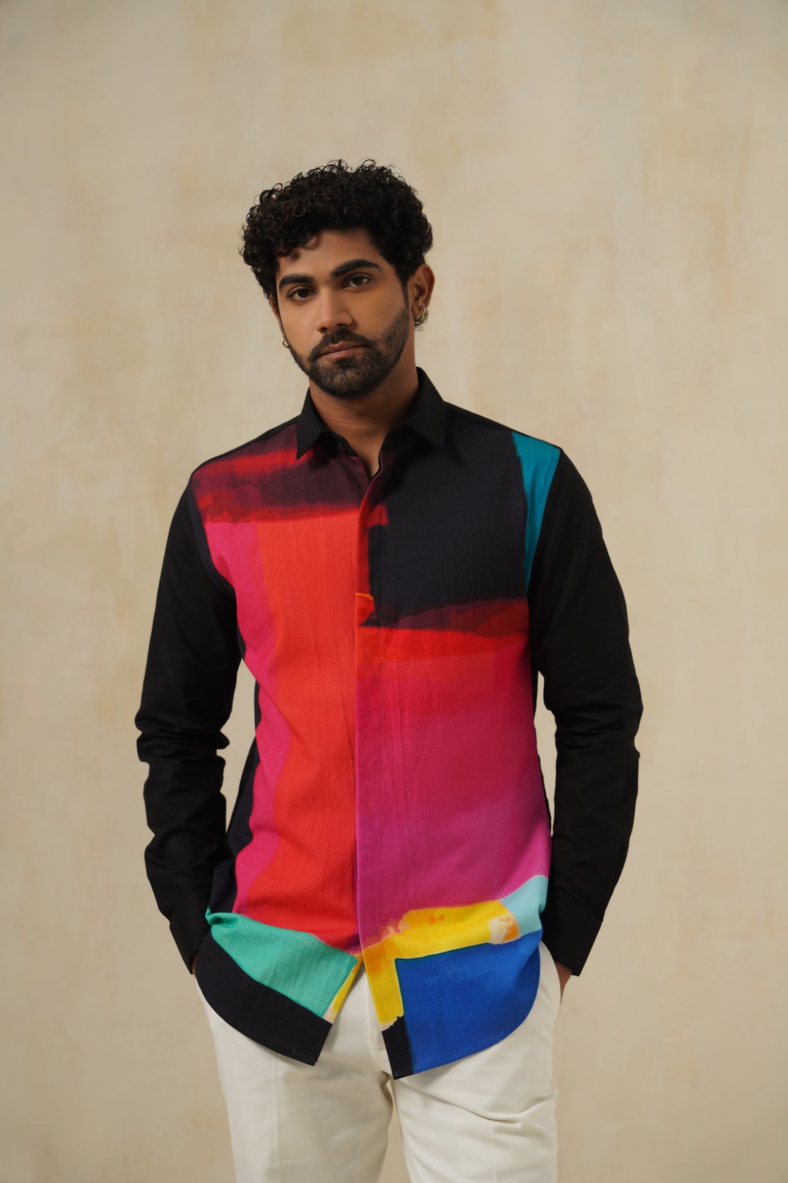 Noir Strokes | Men's Printed Cotton-Linen Shirt