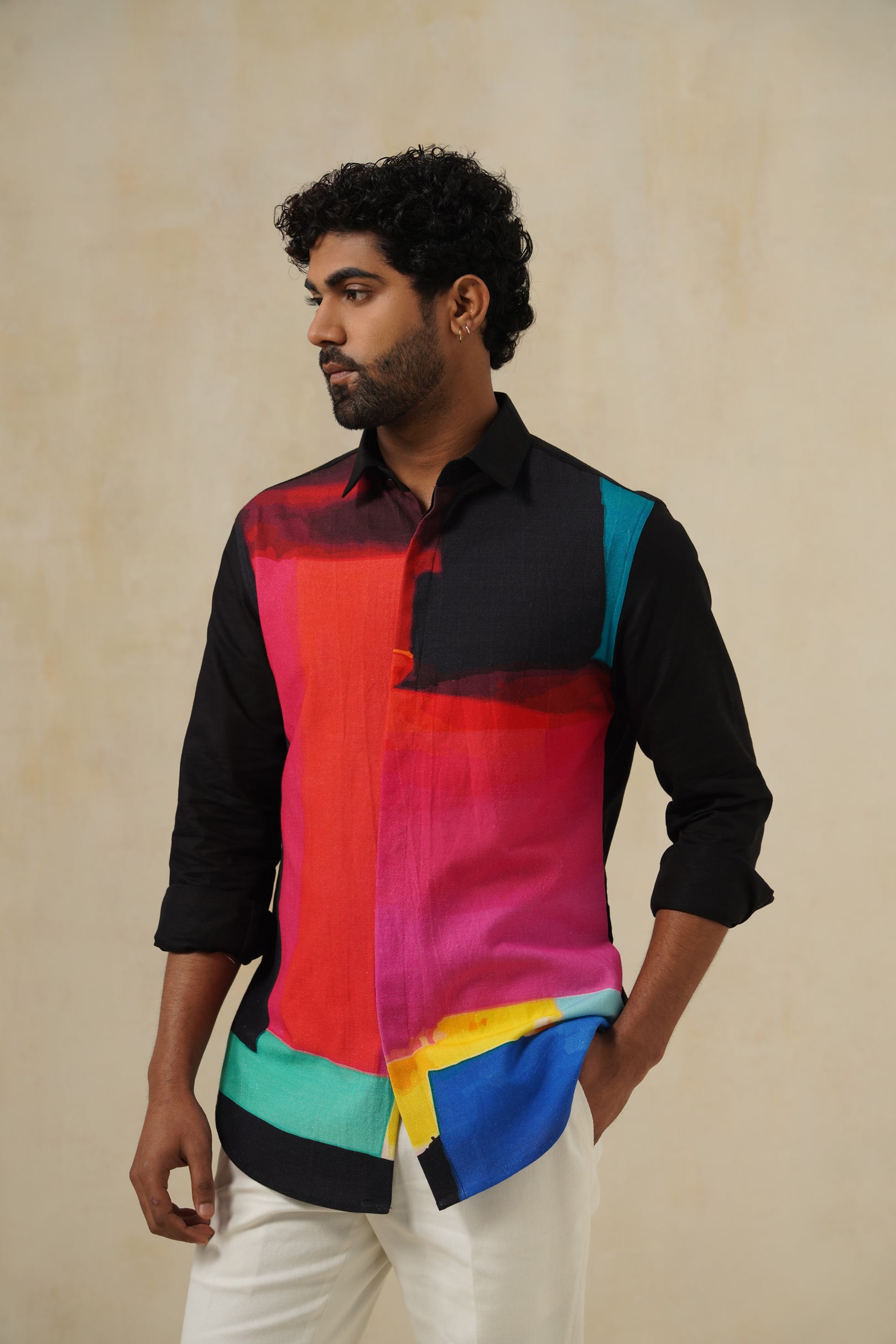 Noir Strokes | Men's Printed Cotton-Linen Shirt