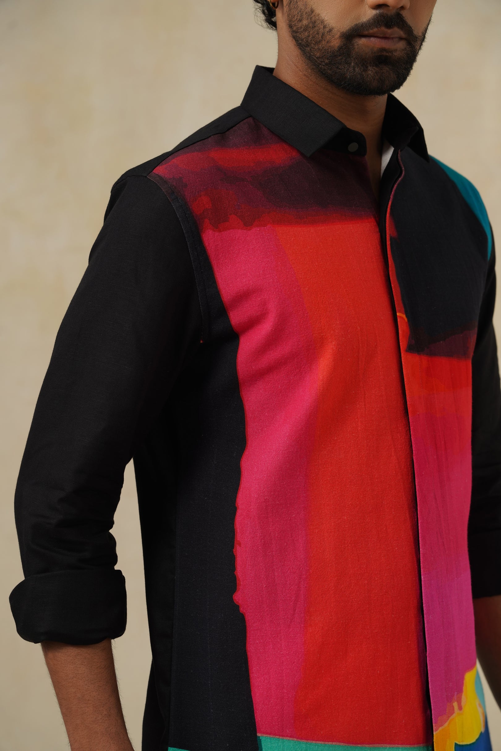 Noir Strokes | Men's Printed Cotton-Linen Shirt