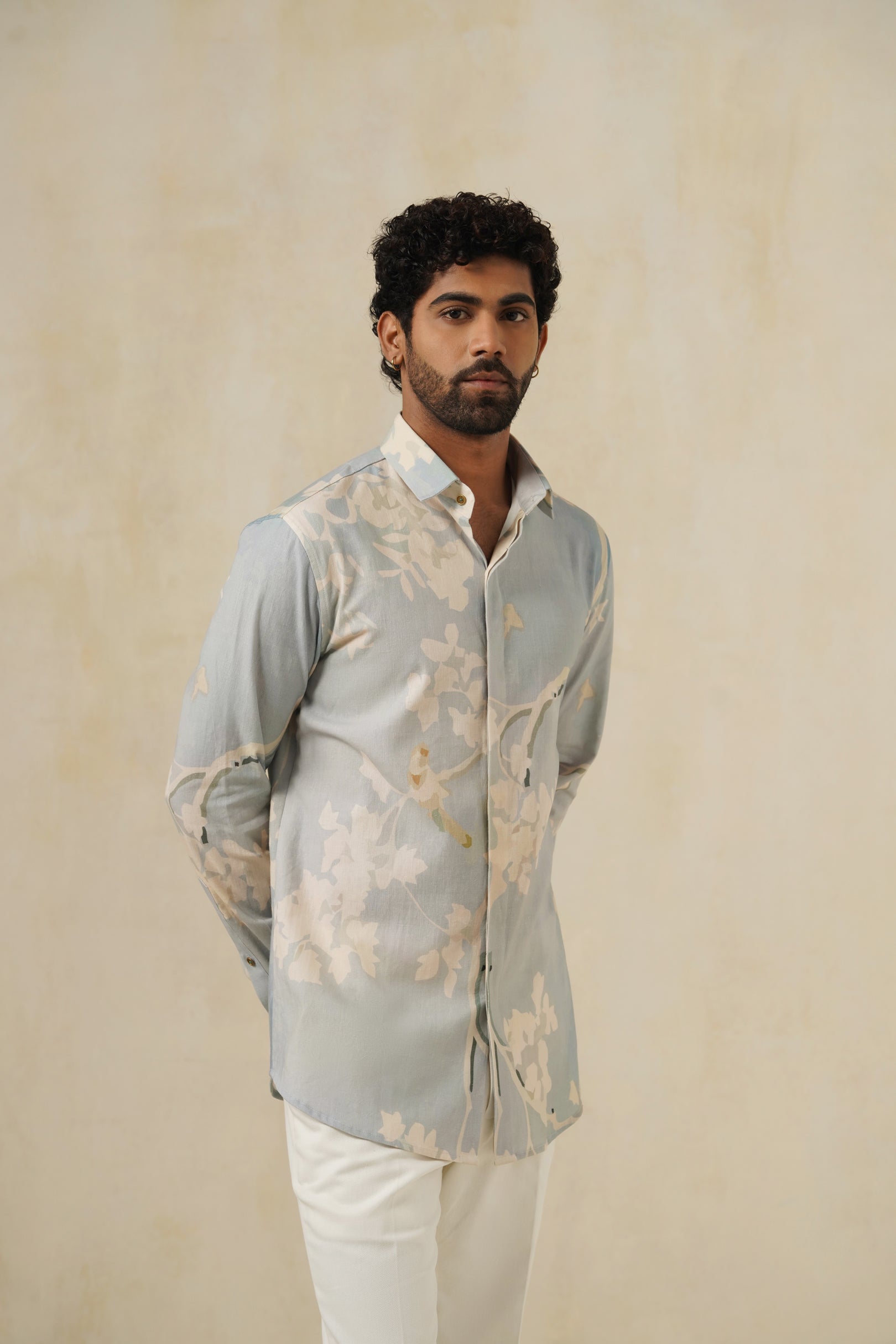 Sky Bloom | Men's Printed Cotton-Linen Shirt