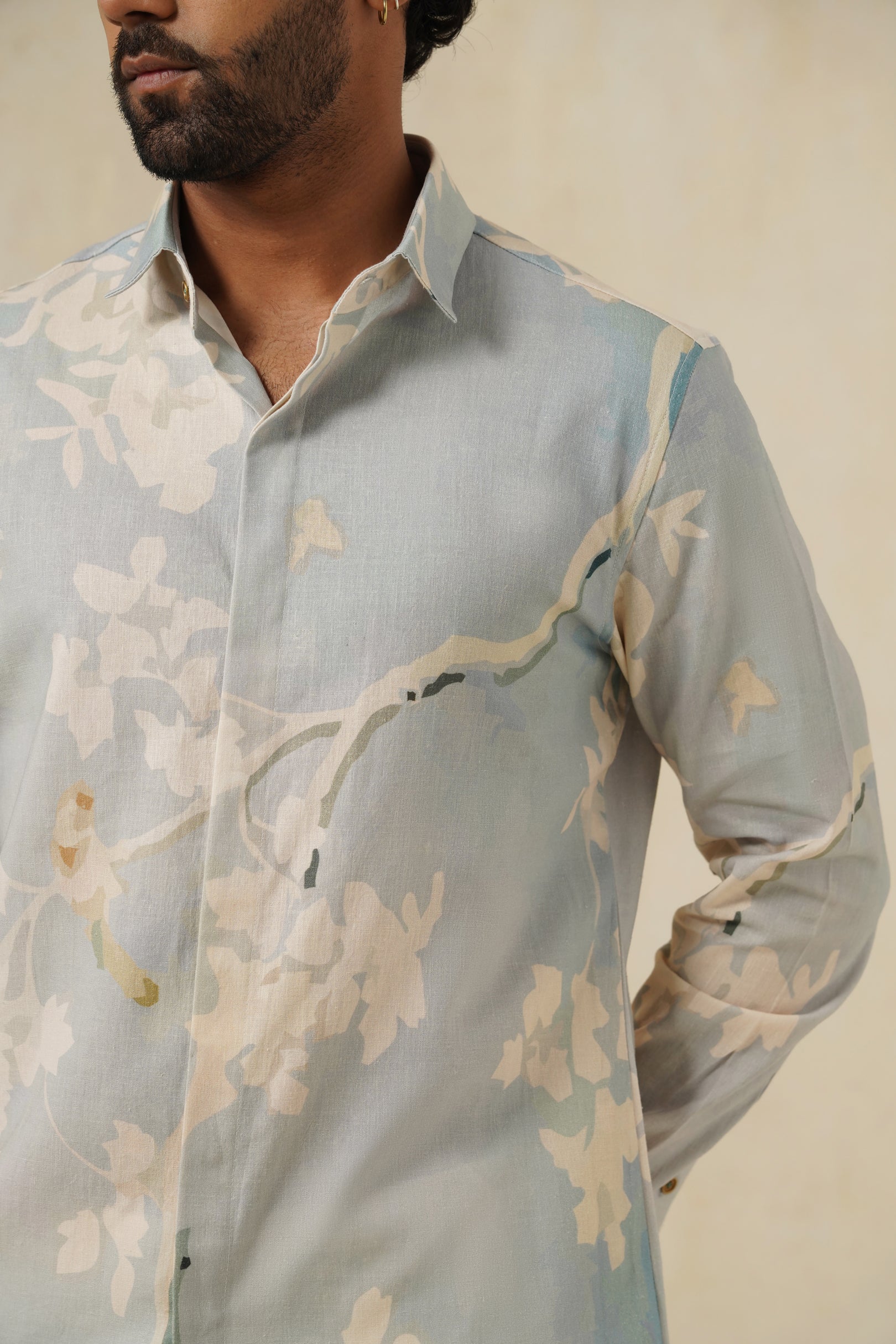 Sky Bloom | Men's Printed Cotton-Linen Shirt