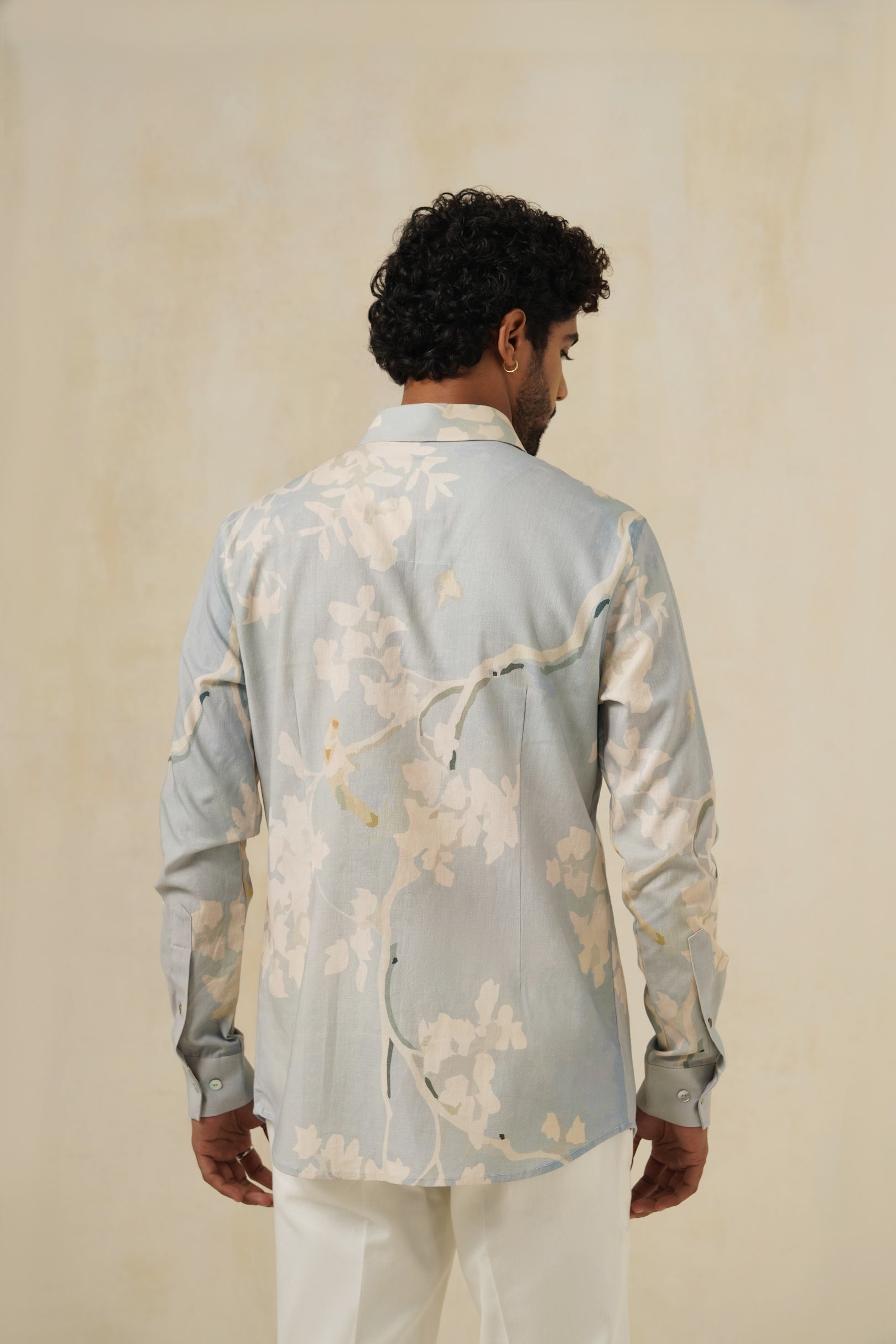 Sky Bloom | Men's Printed Cotton-Linen Shirt