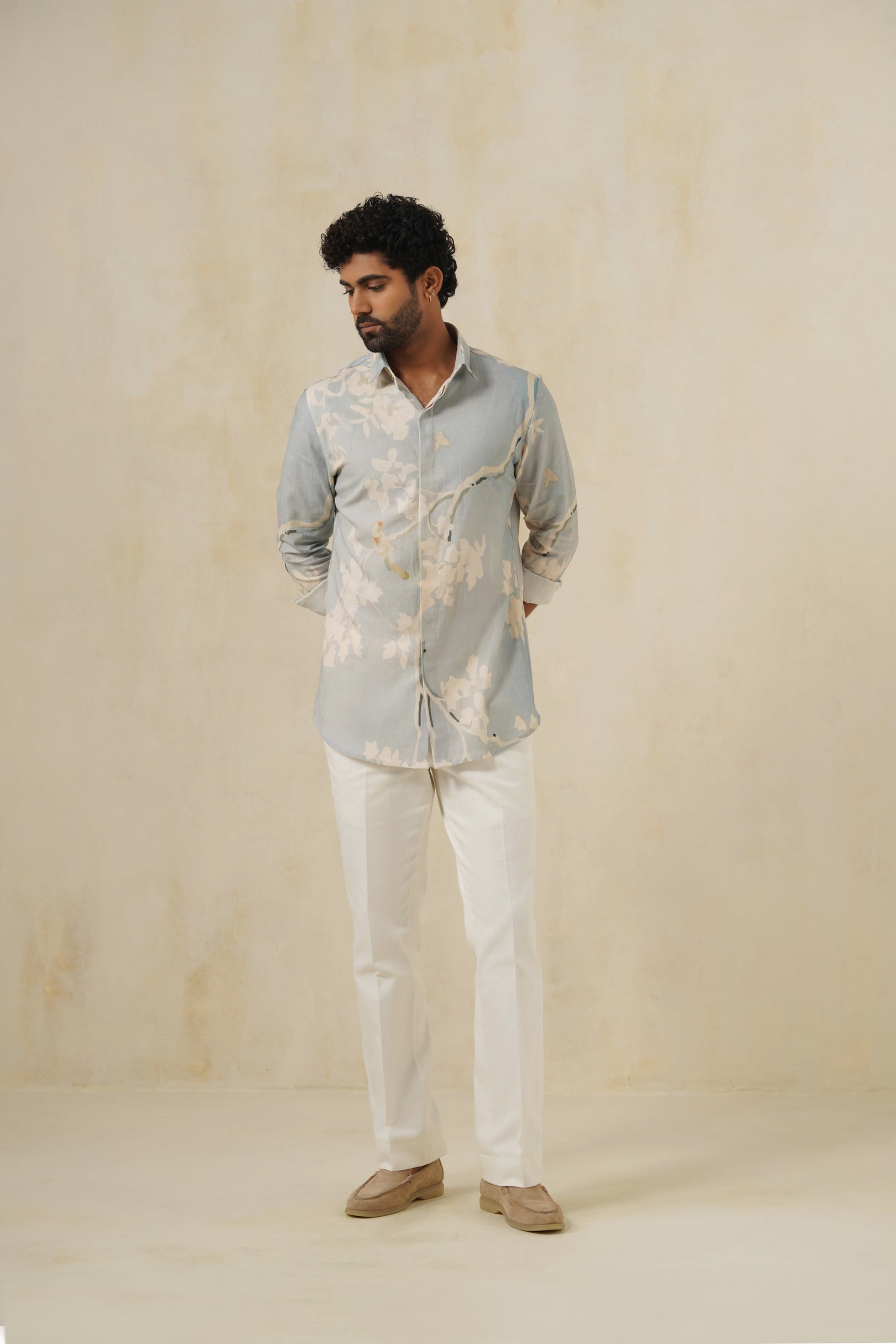 Sky Bloom | Men's Printed Cotton-Linen Shirt