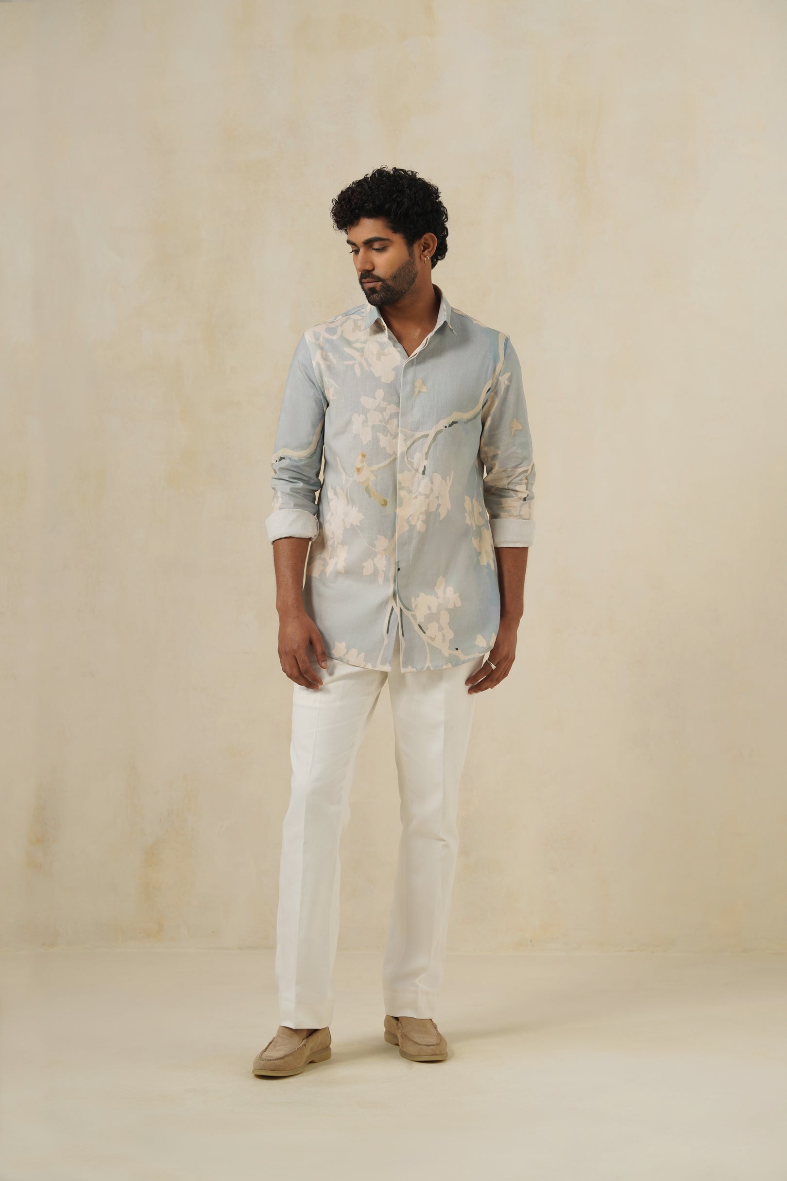 Sky Bloom | Men's Printed Cotton-Linen Shirt