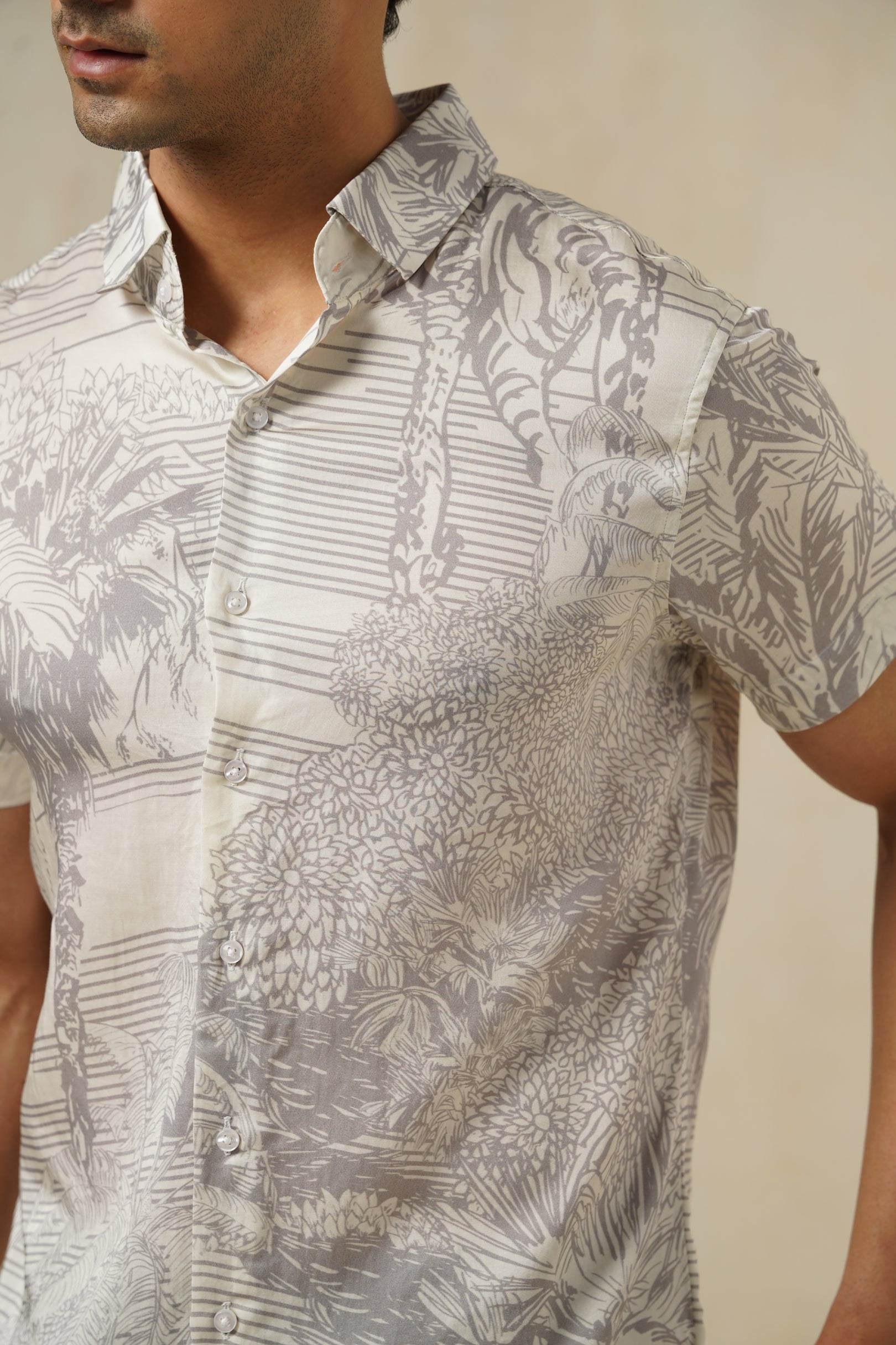 Terra Grey | Men's Printed Cotton-Linen Shirt