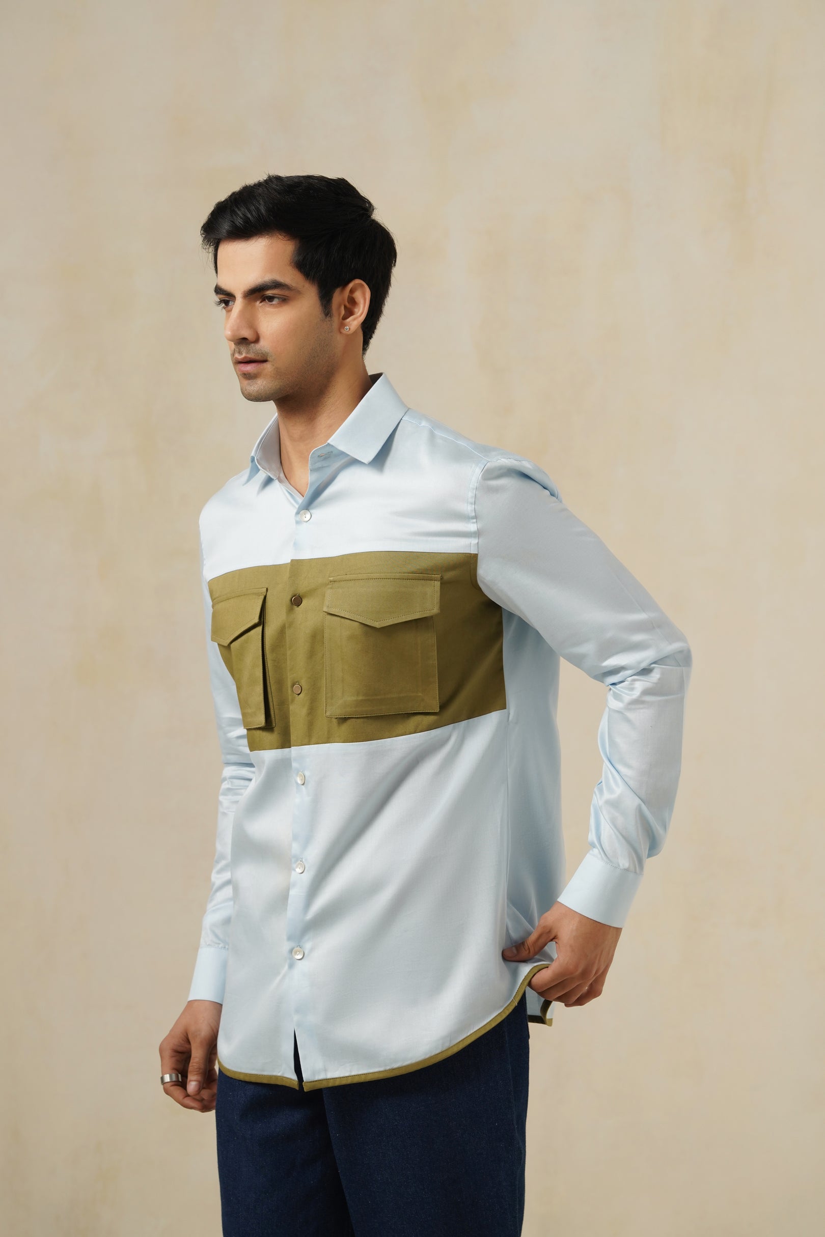 Blue-Olive Drip | Men's White Cotton Shirt