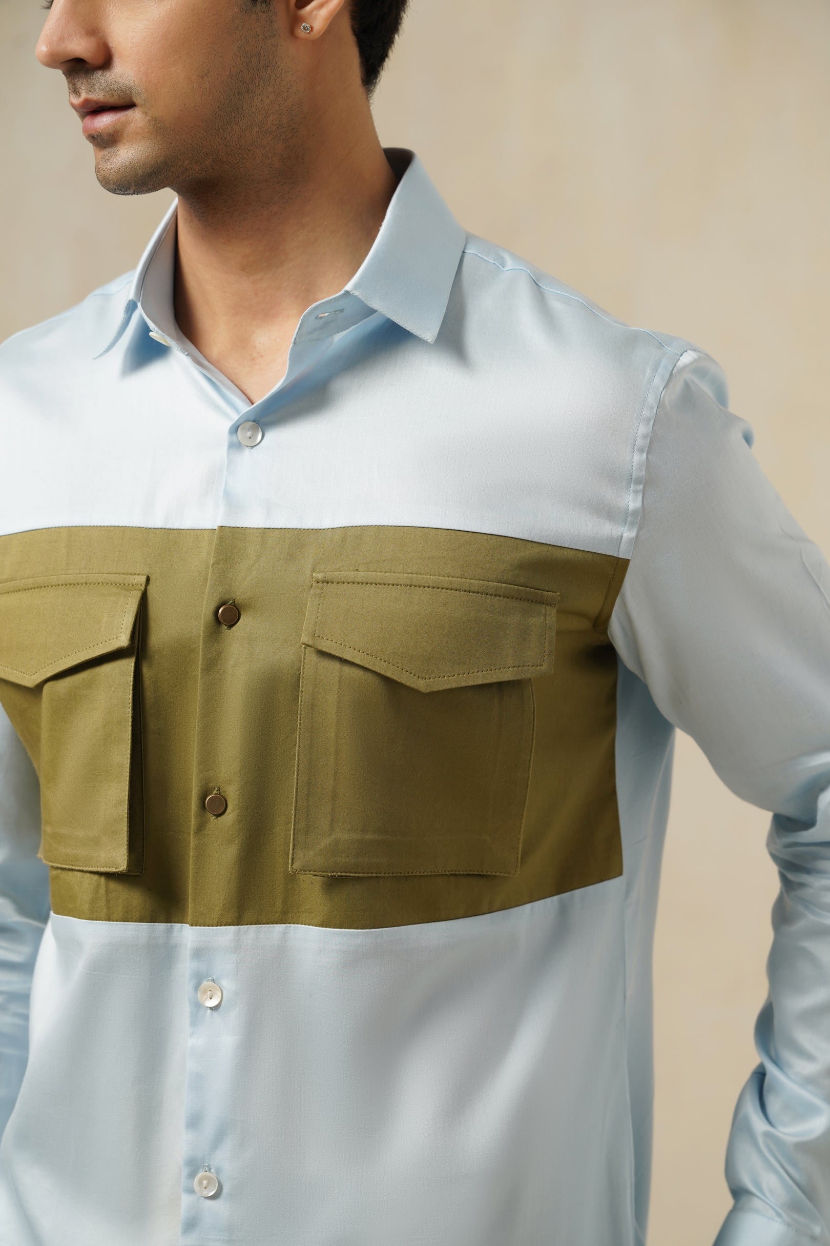 Blue-Olive Drip | Men's White Cotton Shirt