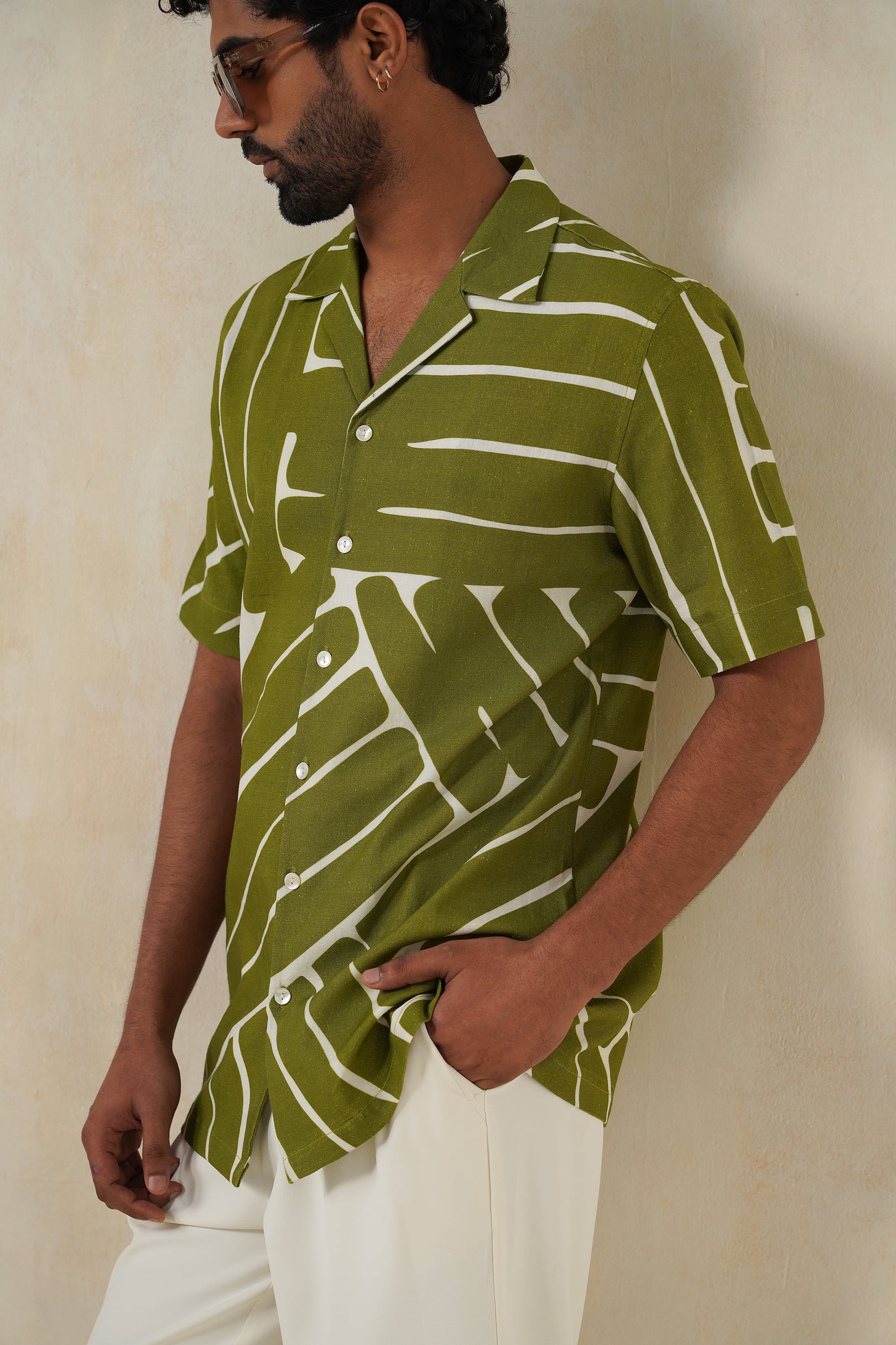 Olive Drift | Men's Printed Cotton-Linen Shirt