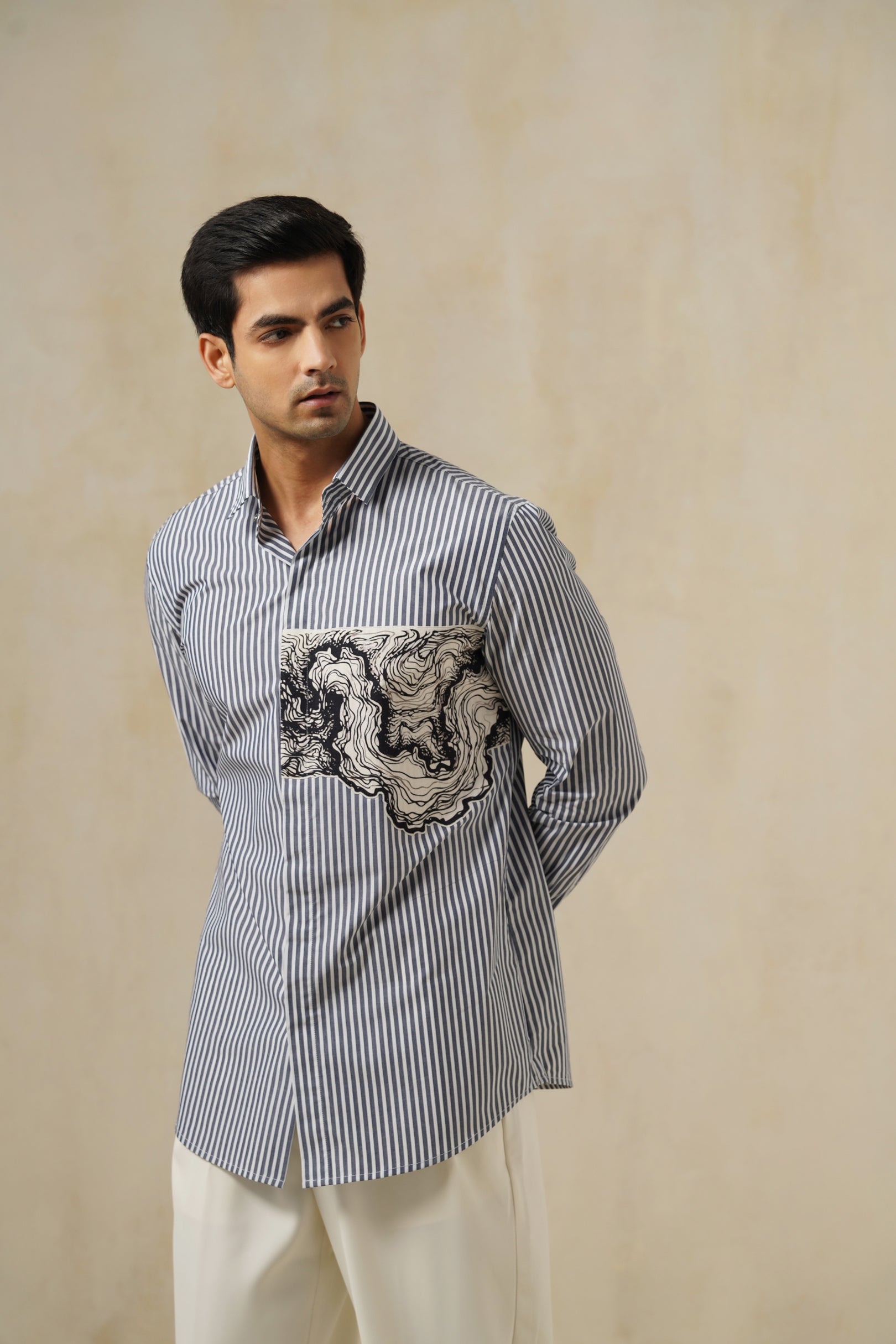 Kanagawa | Men's Pinstripe Emb Cotton Shirt