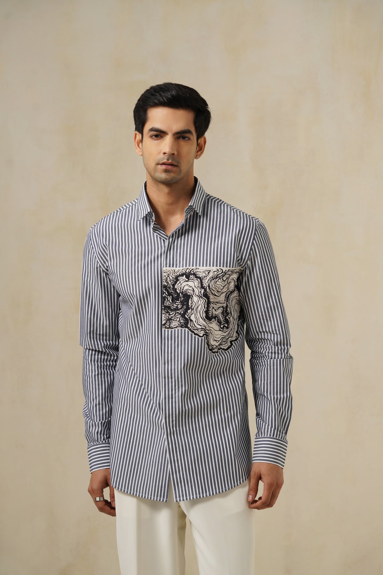 Kanagawa | Men's Pinstripe Emb Cotton Shirt
