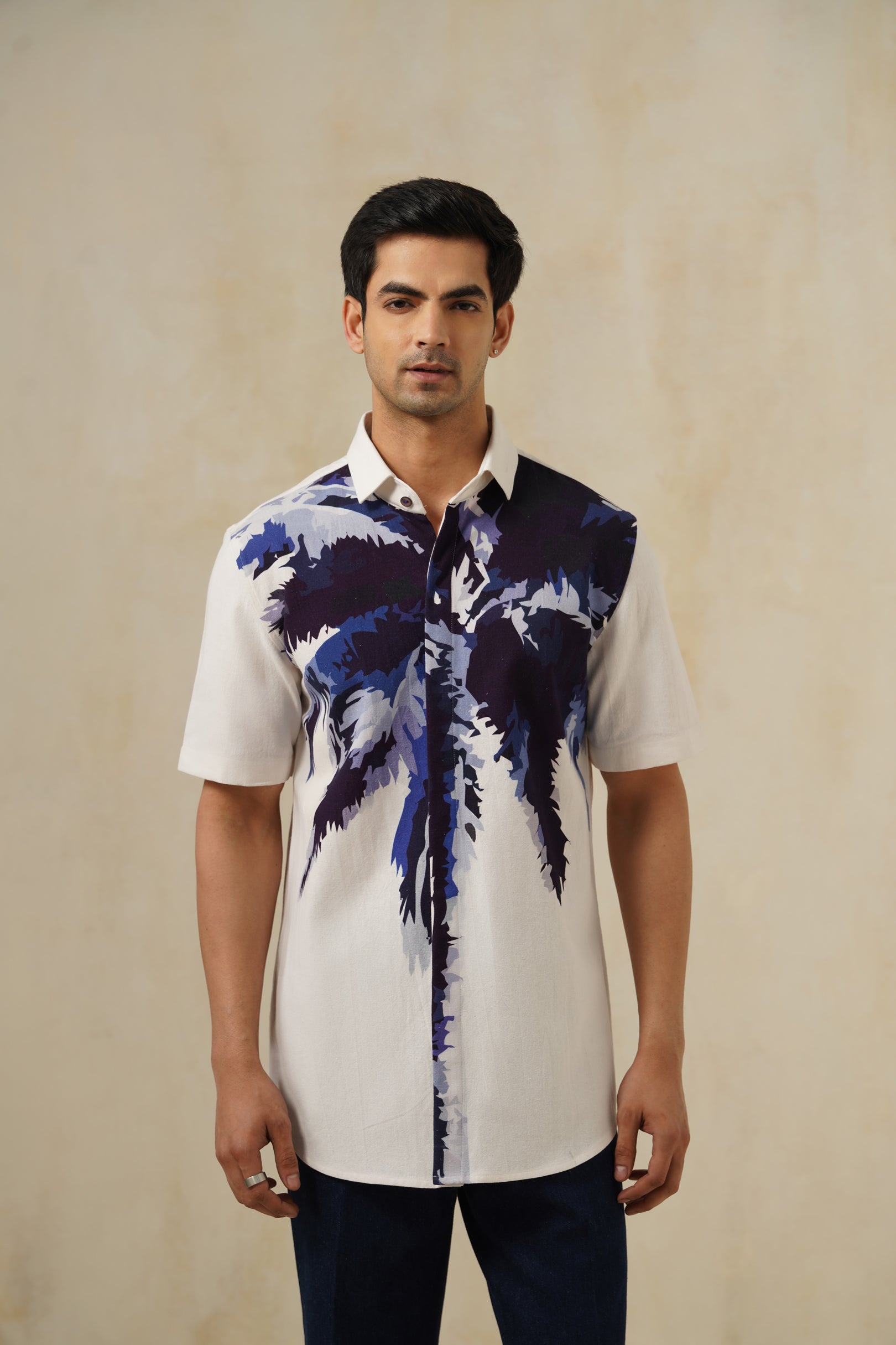Palm Blue | Men's Printed Cotton-Linen Shirt