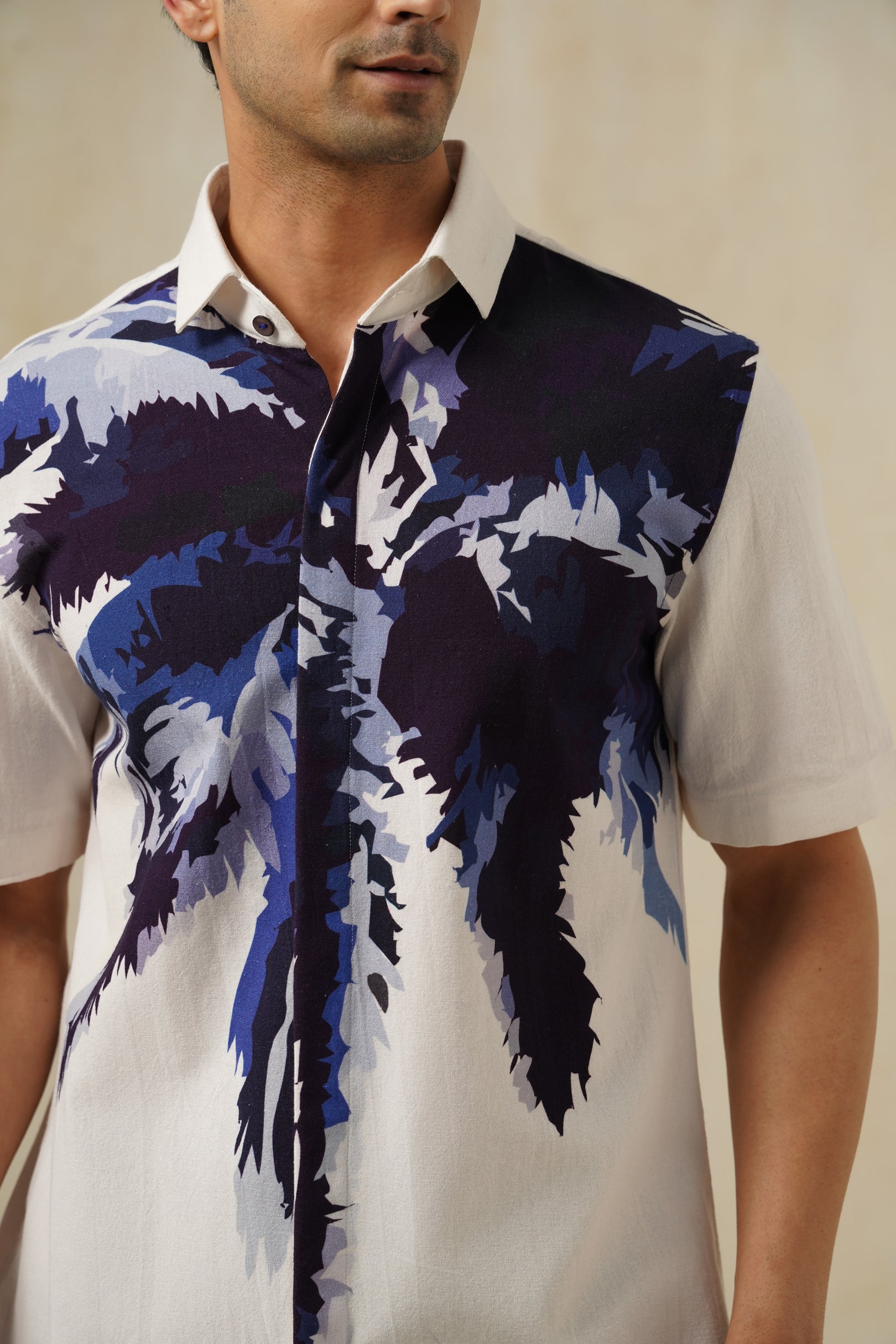 Palm Blue | Men's Printed Cotton-Linen Shirt