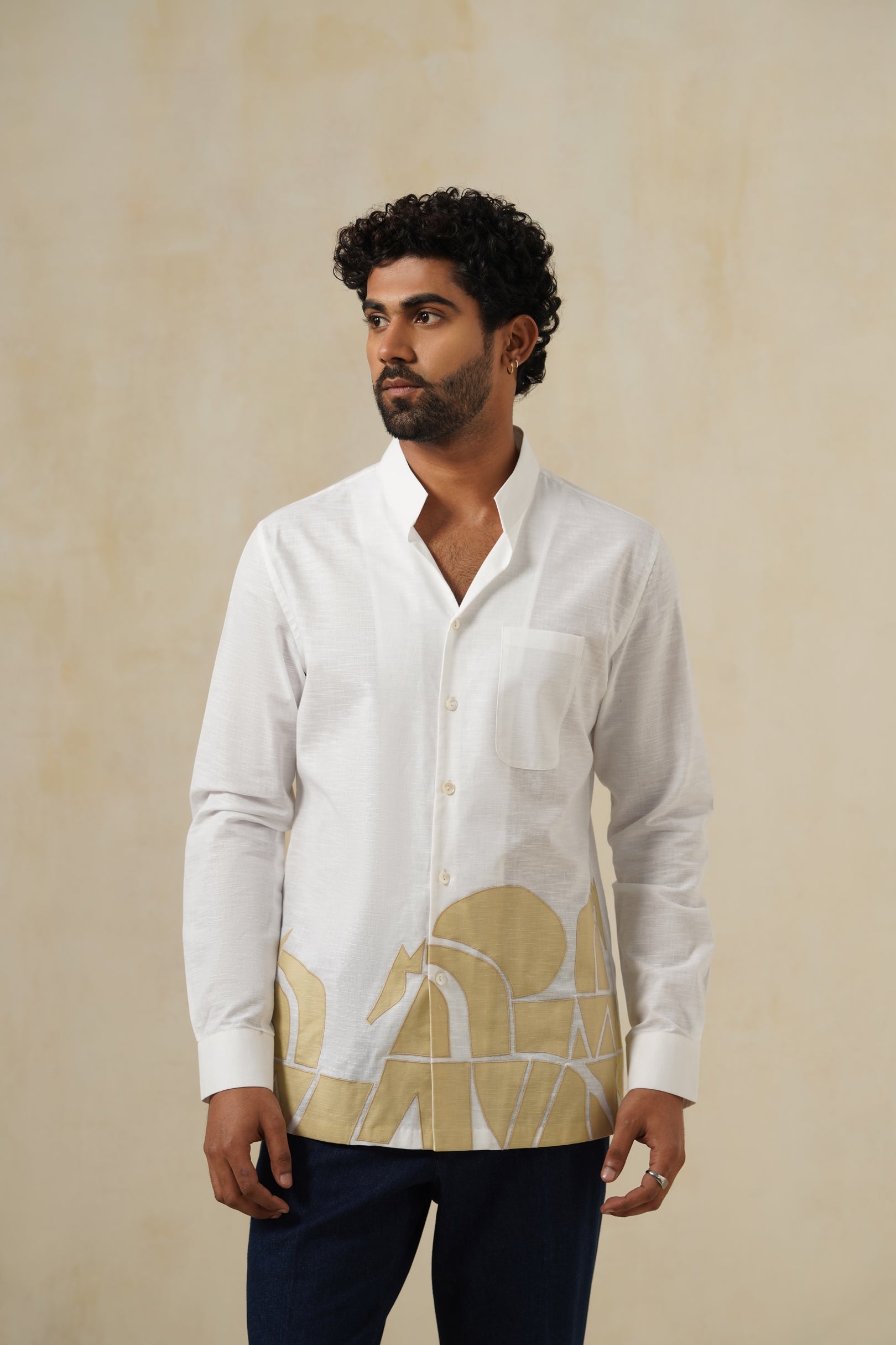 Ivory Canvas | Men's White Abstract Cotton-Linen Shirt