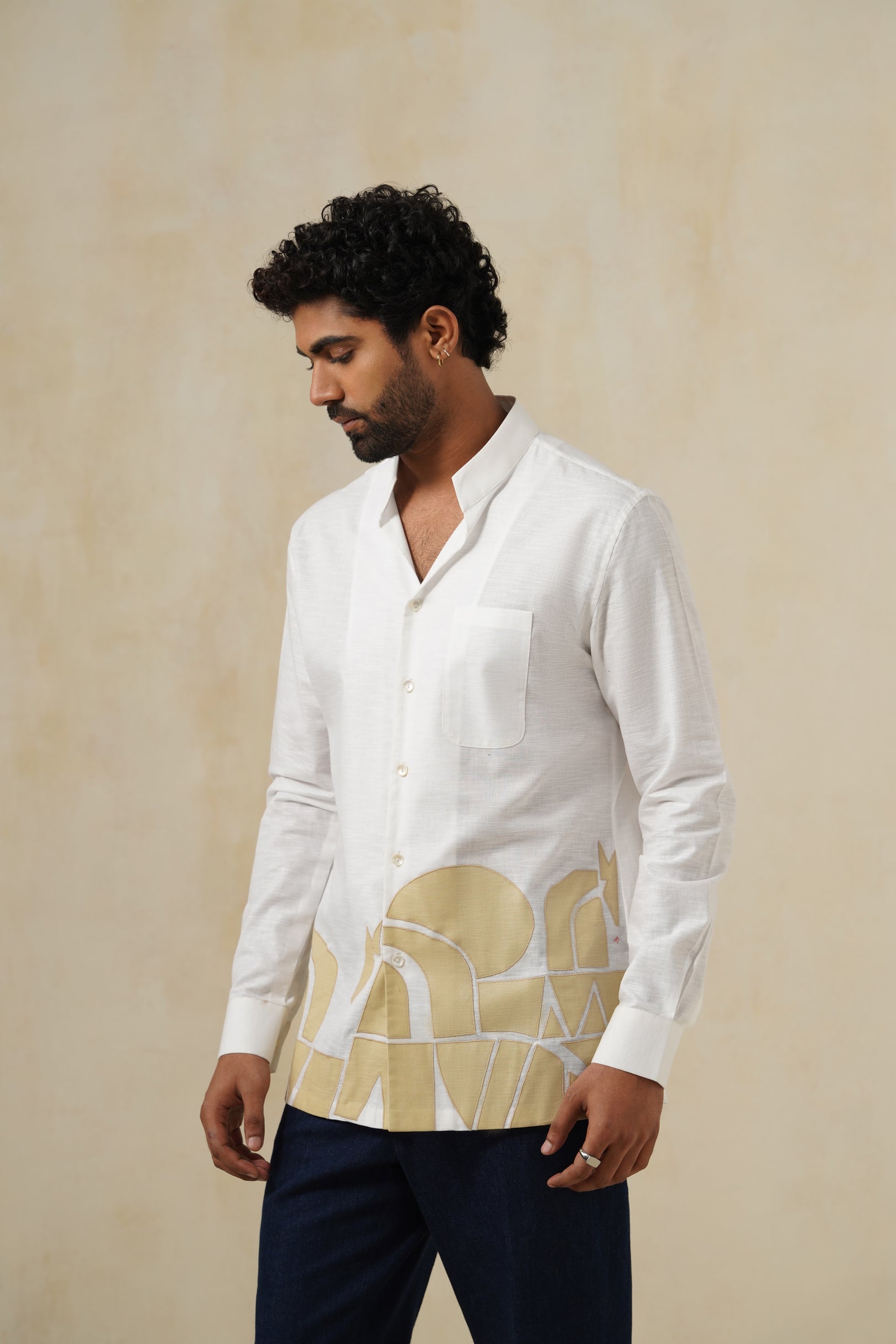 Ivory Canvas | Men's White Abstract Cotton-Linen Shirt