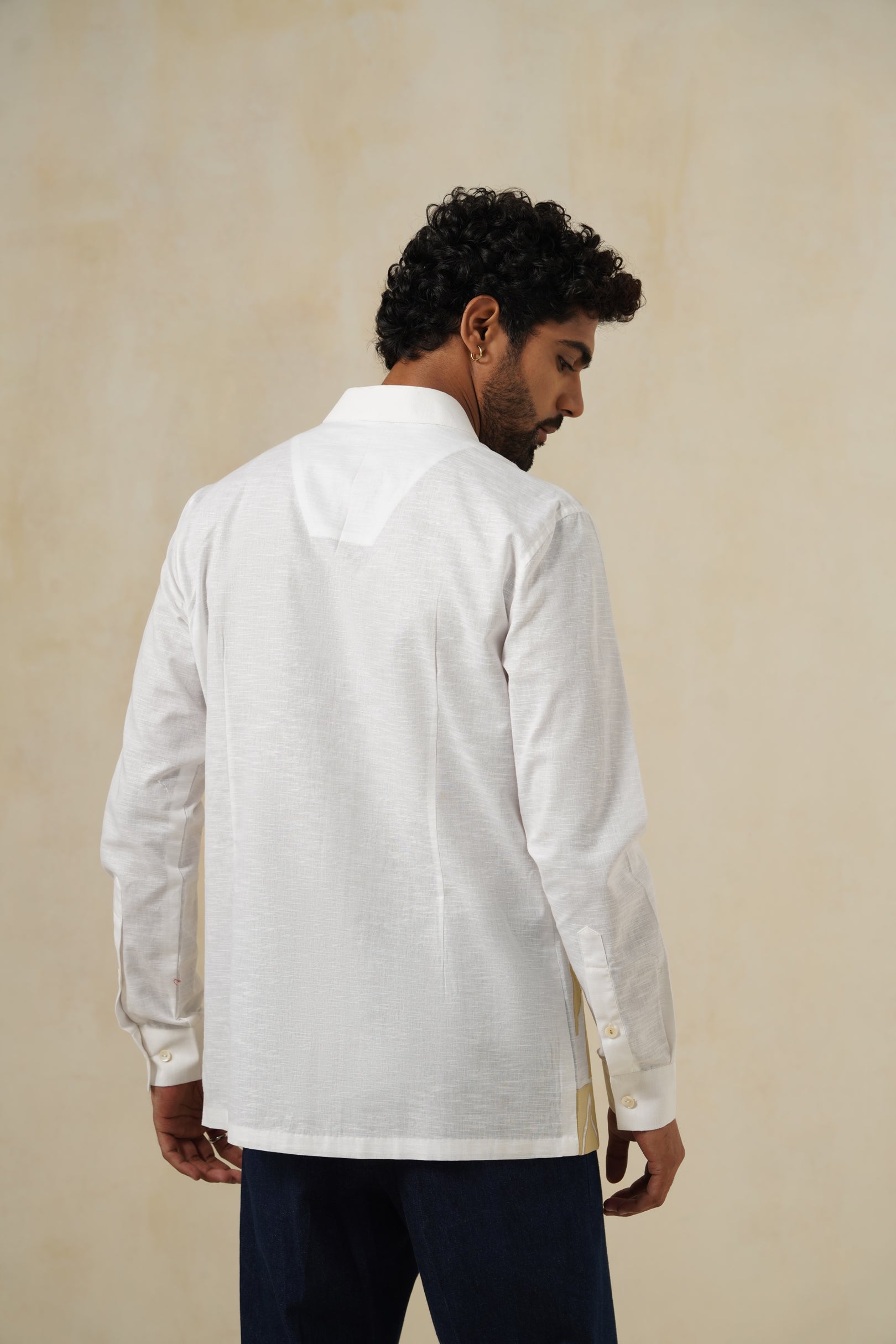 Ivory Canvas | Men's White Abstract Cotton-Linen Shirt