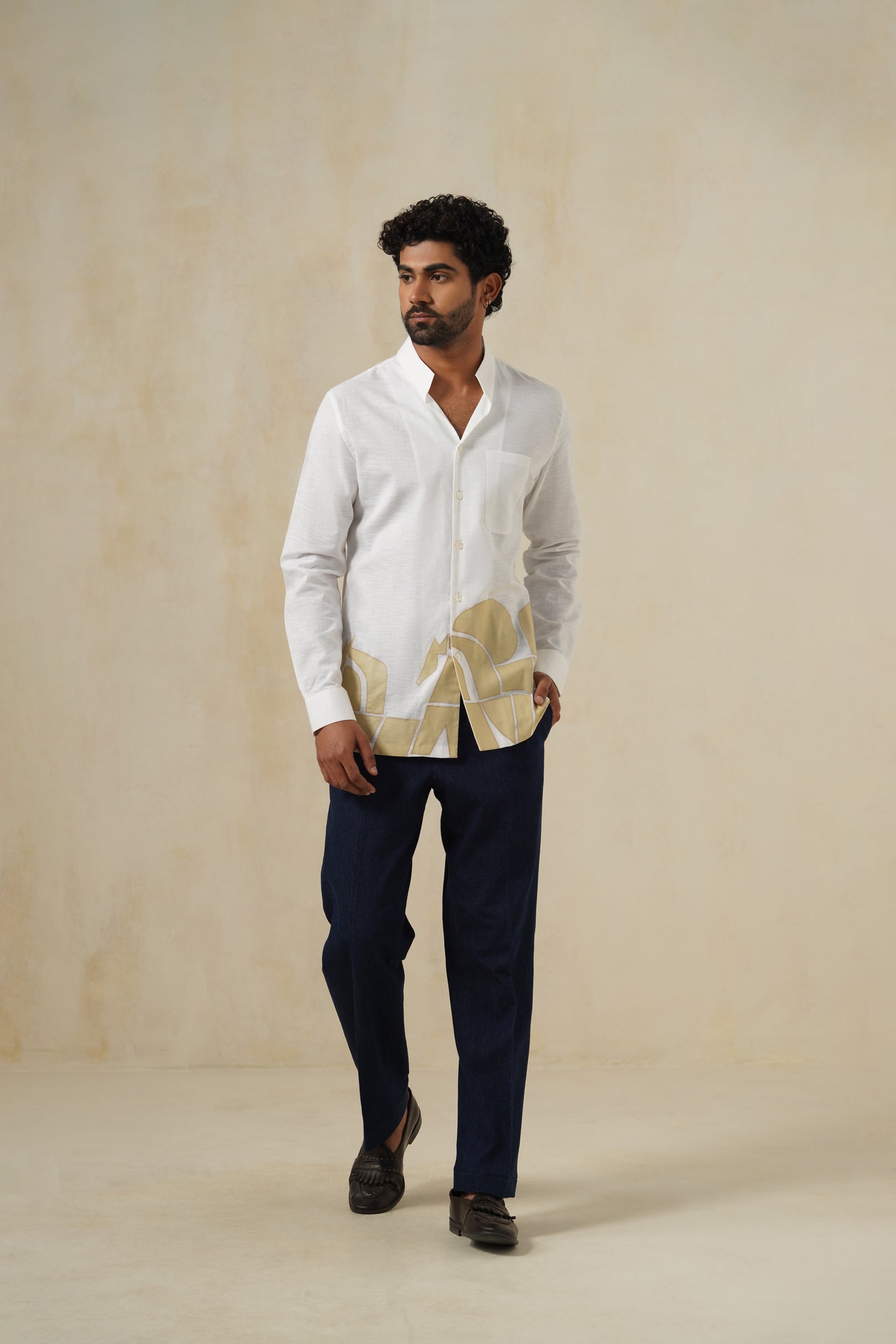 Ivory Canvas | Men's White Abstract Cotton-Linen Shirt