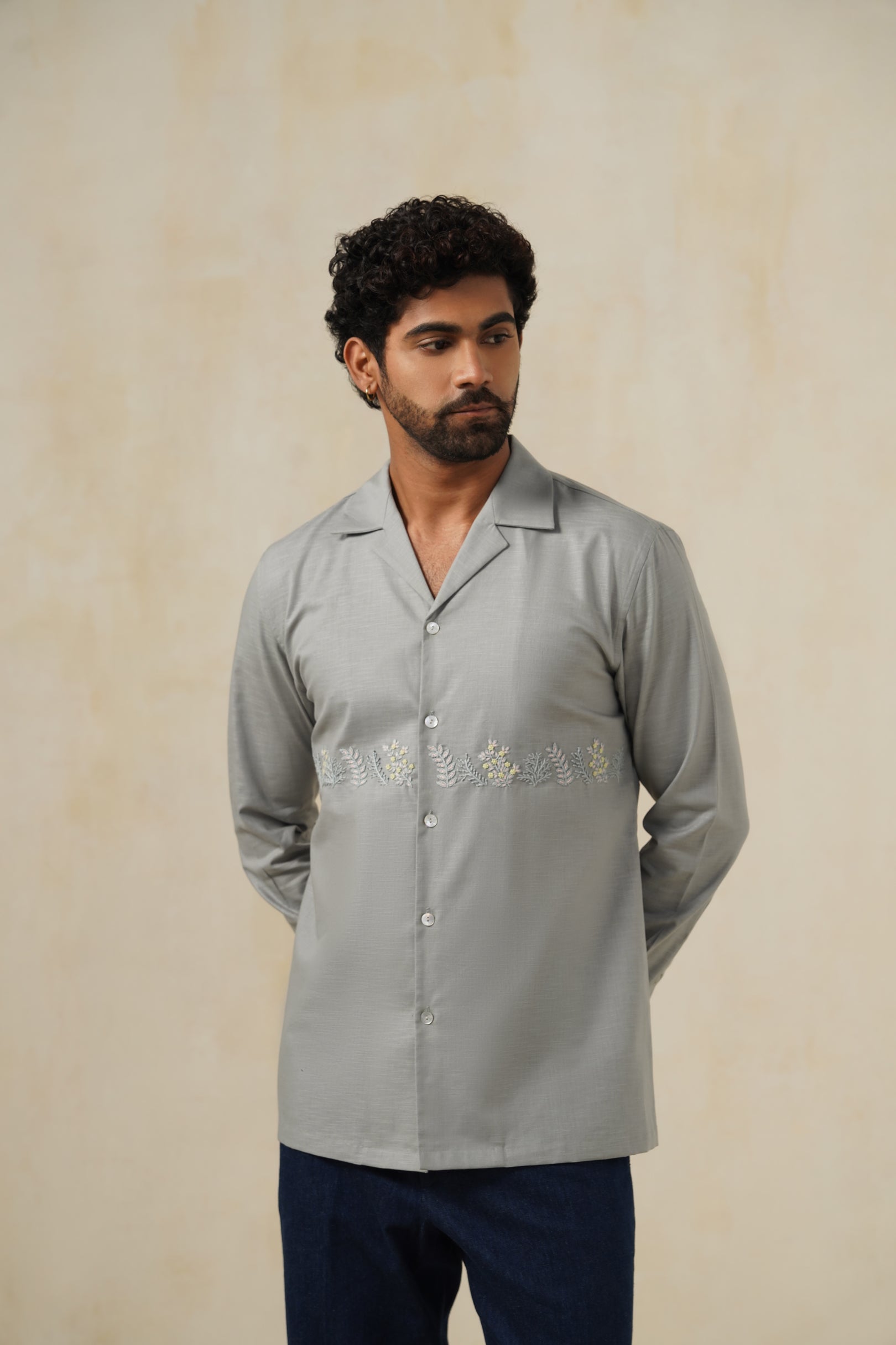 Bloom Grey | Men's Linen Emb Shirt