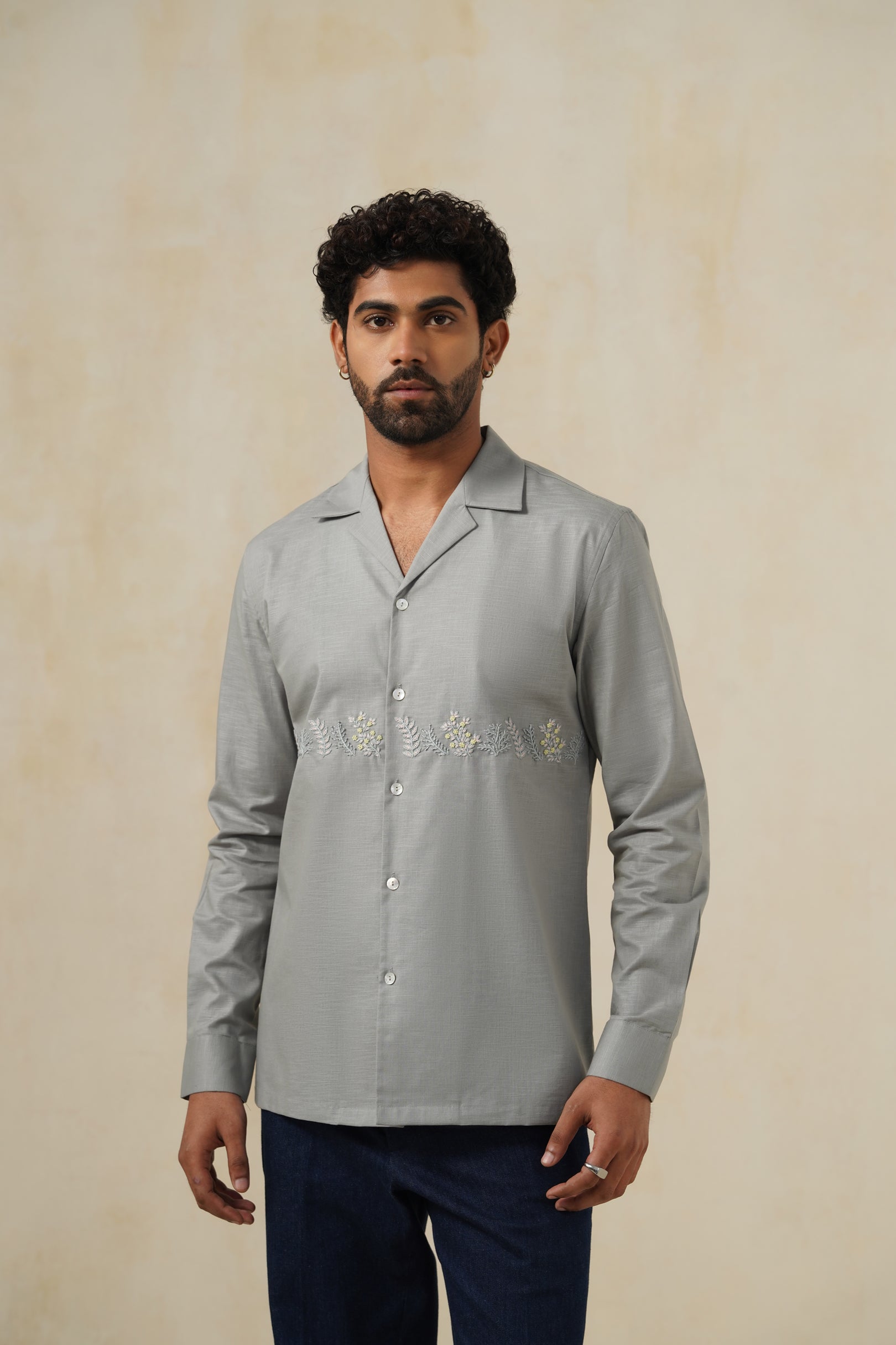 Bloom Grey | Men's Linen Emb Shirt