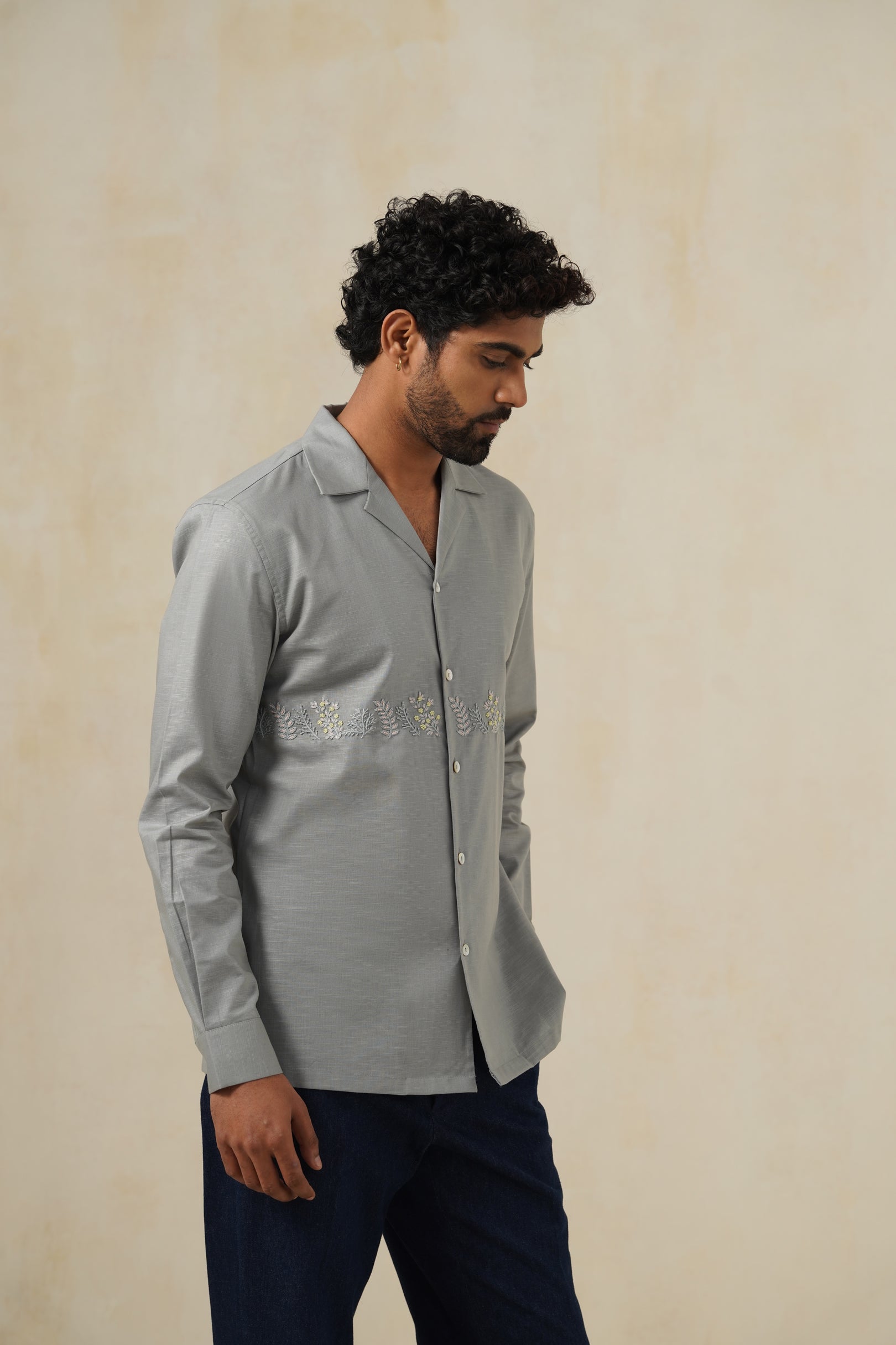 Bloom Grey | Men's Linen Emb Shirt