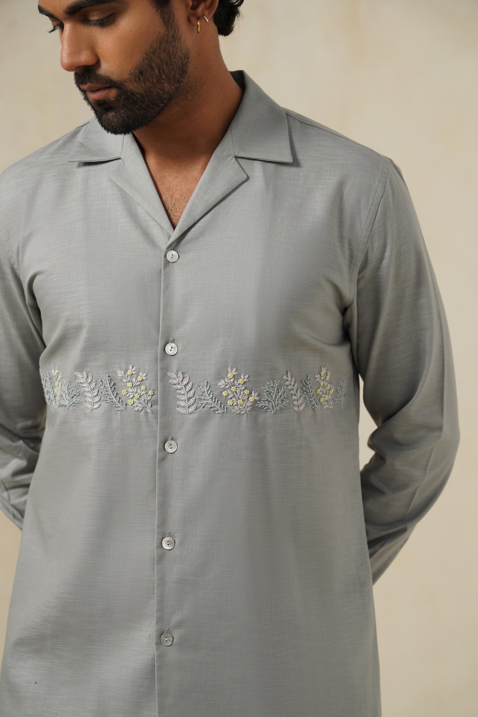 Bloom Grey | Men's Linen Emb Shirt