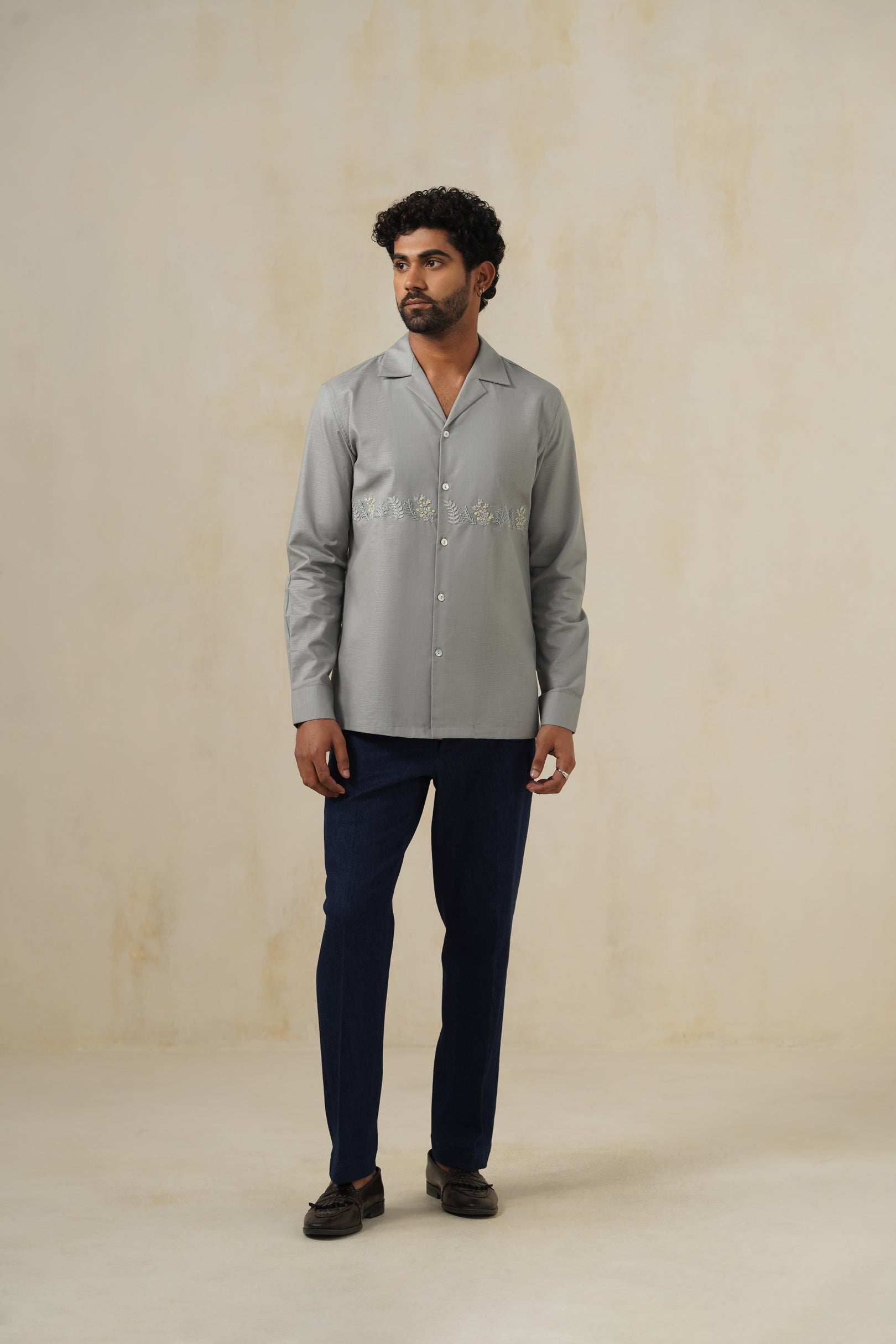 Bloom Grey | Men's Linen Emb Shirt