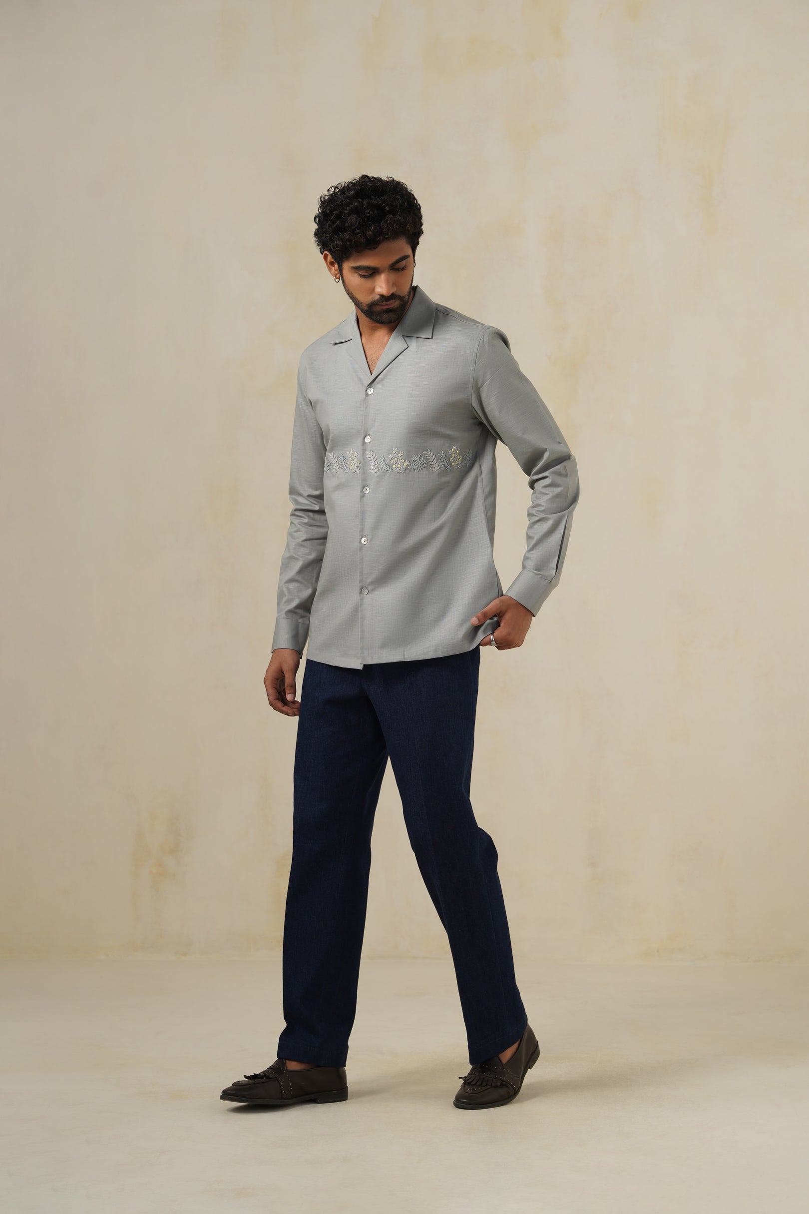 Bloom Grey | Men's Linen Emb Shirt
