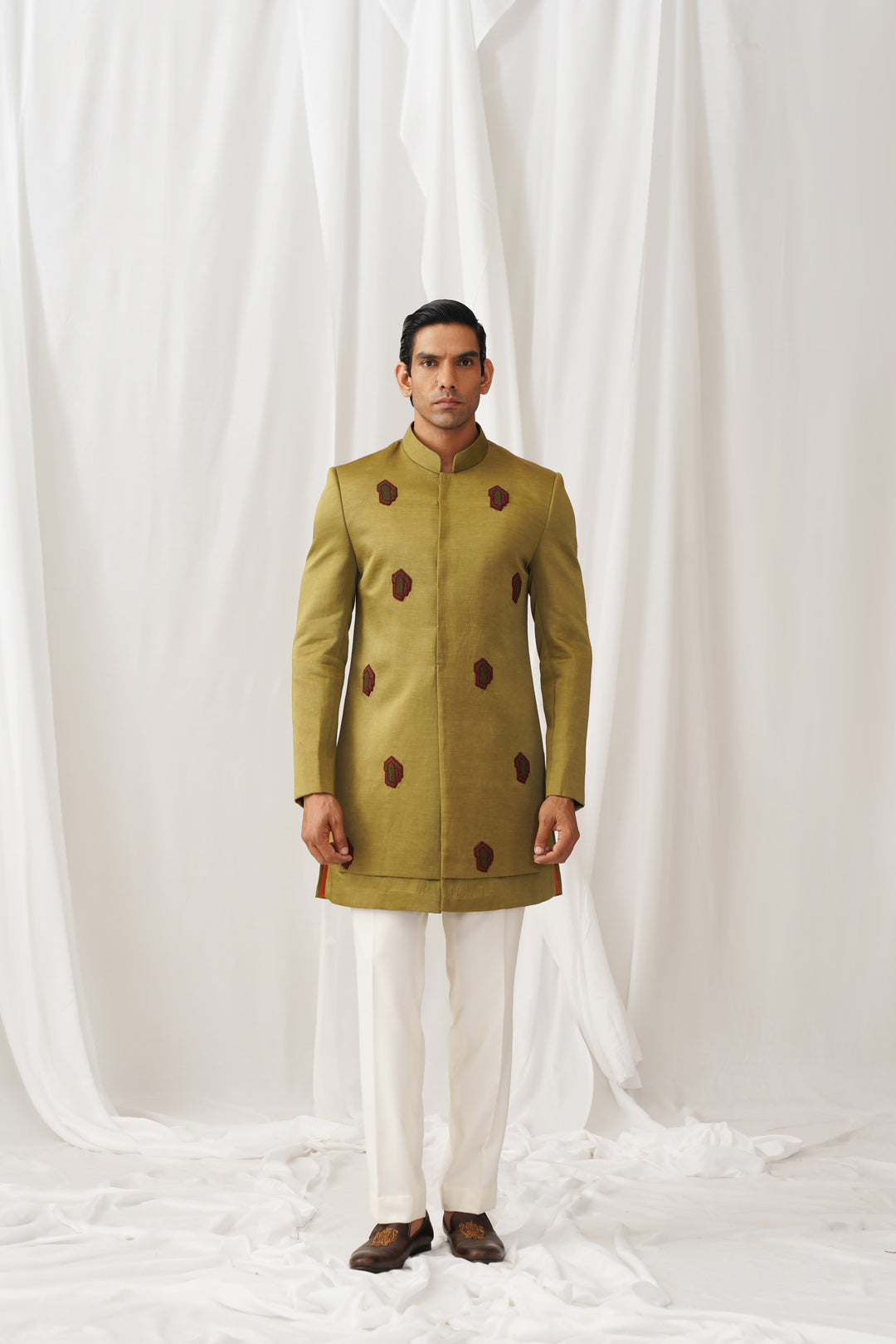 Green-gold Achkan with Kurta-Pyjama Pants