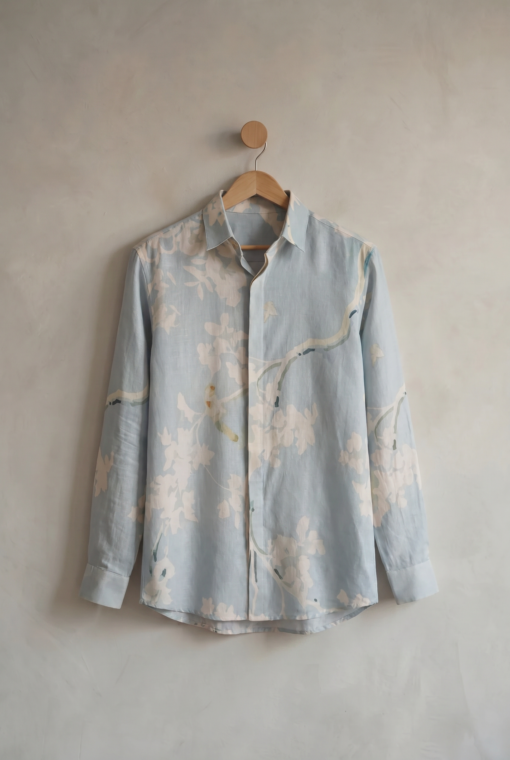 Sky Bloom | Men's Printed Cotton-Linen Shirt