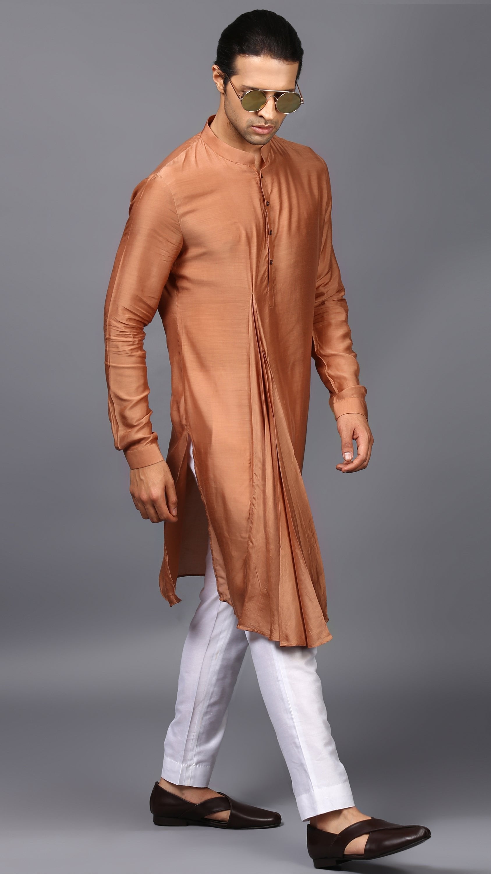 PLEATED DRAPE KURTA IN TAN