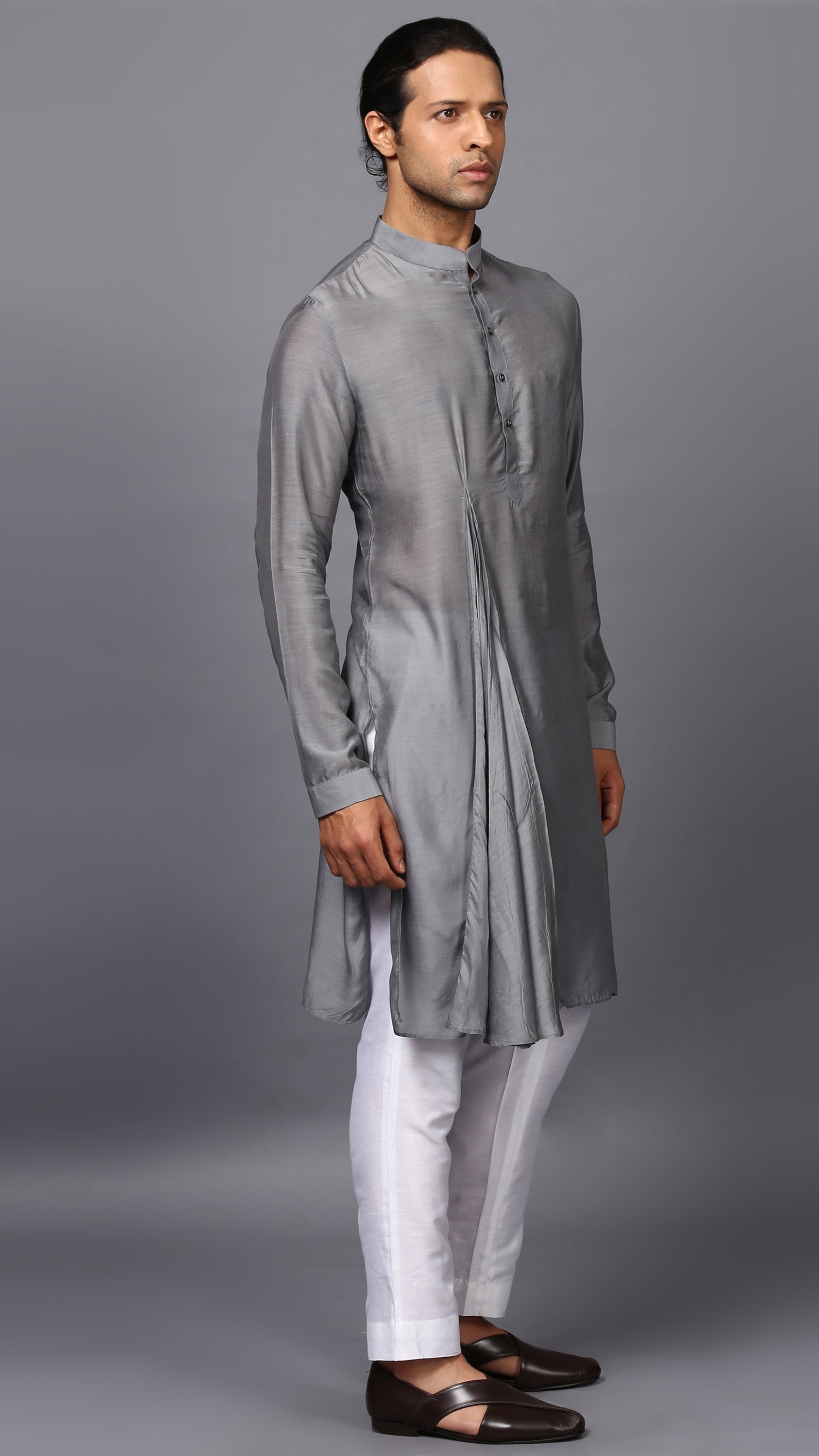 PLEATED DRAPE KURTA IN STEEL