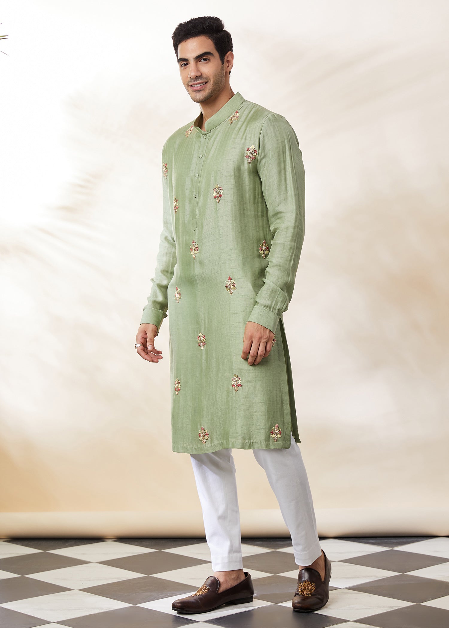 Sage green booti kurta set